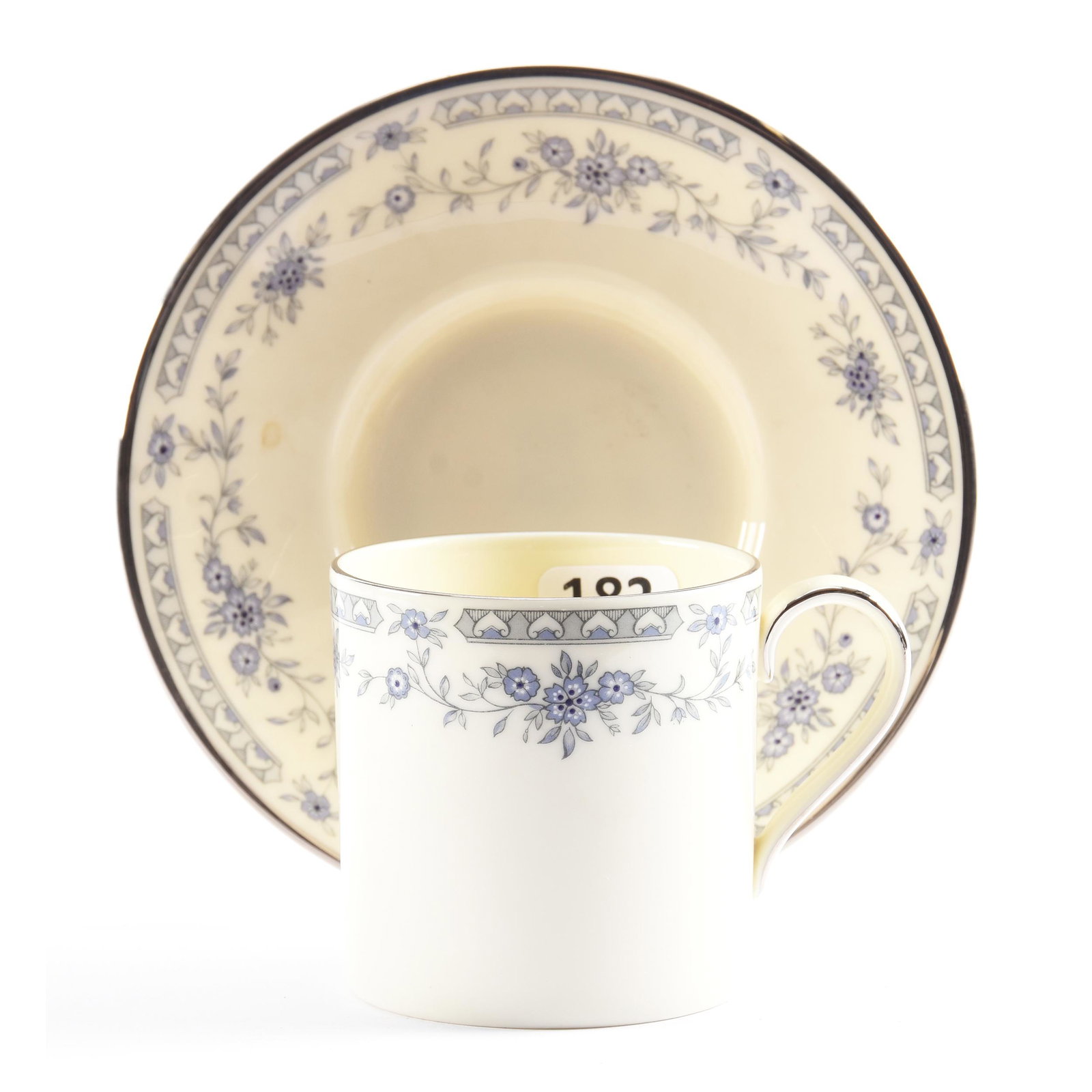 Cup & Saucer Marked Minton "Bellemeade" Pattern: Cup & Saucer Marked Minton "Bellemeade" Pattern, 2.5" x 5", Cream with Blue Floral Decor, Silver Trim Highlights, Eseline Reynolds Estate.
