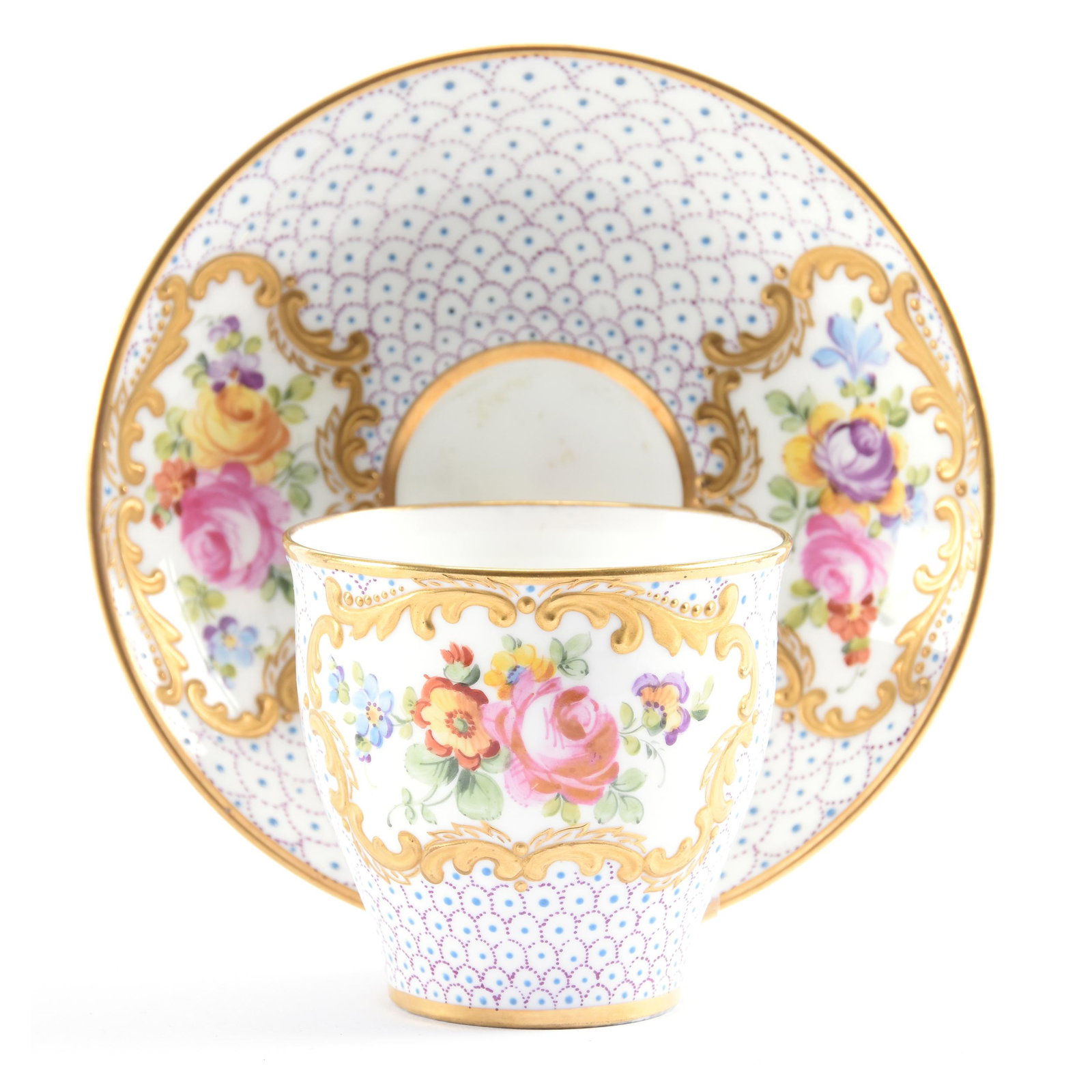 Cup & Saucer Marked Minton: Cup & Saucer Marked Minton, 2.5" x 4.75", White with Hand Painted Floral Decor, Elaborate Scale Design with Blue Enamel Beaded Highlights, Very Nice Gold, Cup has A Small Outside Rim Base Chip Repair,