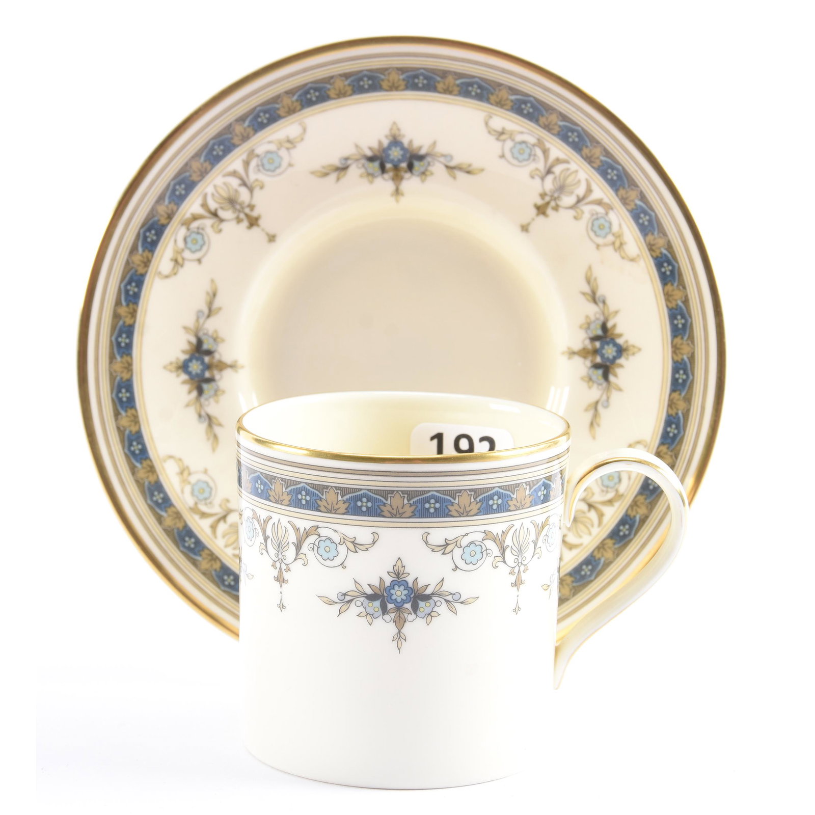 Cup & Saucer Marked Minton "Grasmere" Pattern: Cup & Saucer Marked Minton "Grasmere" Pattern, 2.5" x 5", Cream Tones with Blue Border & Blue Floral and Scroll Design, Eseline Reynolds Estate.