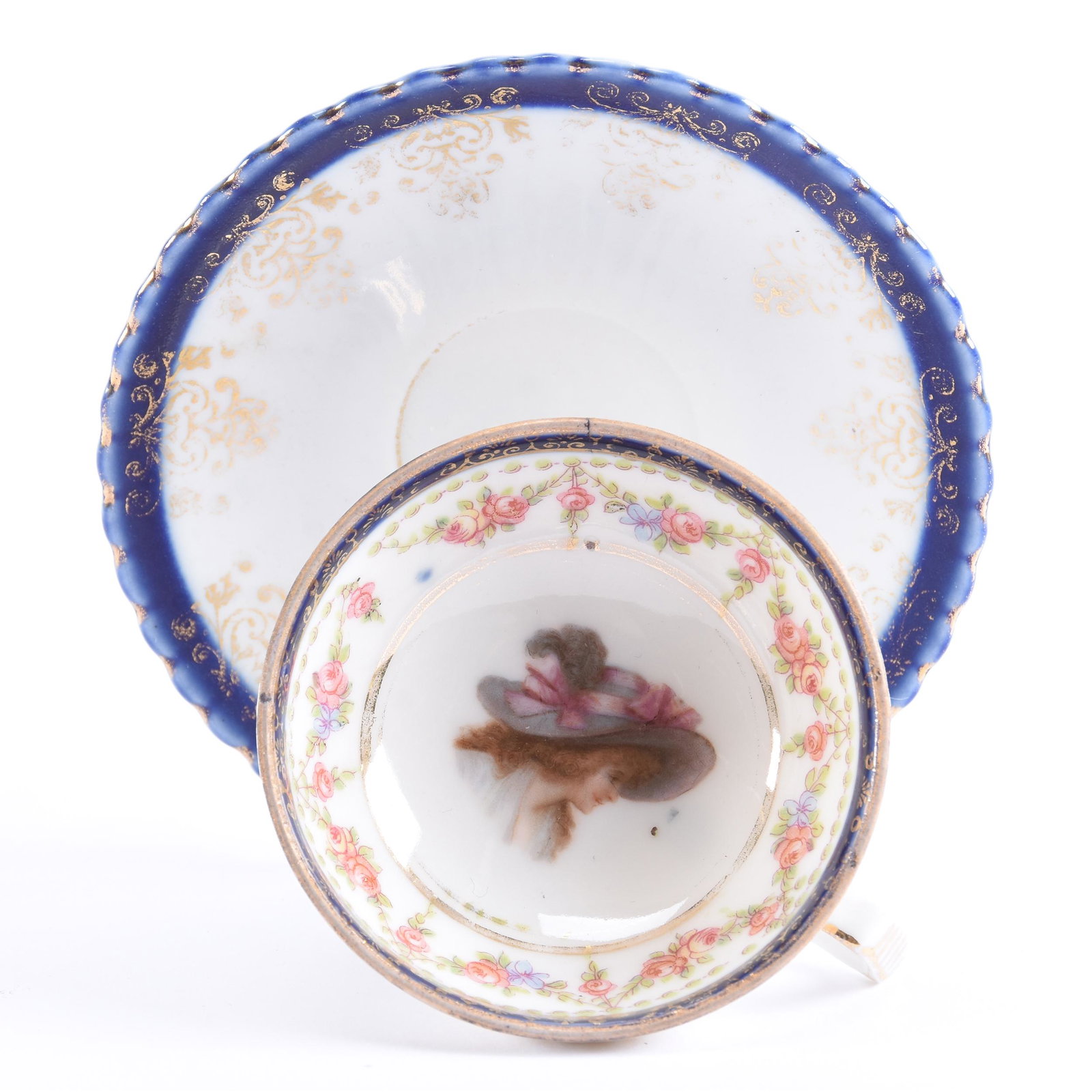 Cup & Saucer Marked Germany, Pedestal: Cup & Saucer Marked Germany, Pedestal, 1.75" x 3.75", White with Cobalt Blue, Gibson Girl Portrait, Gold Stencil Highlights, Eseline Reynolds Estate.