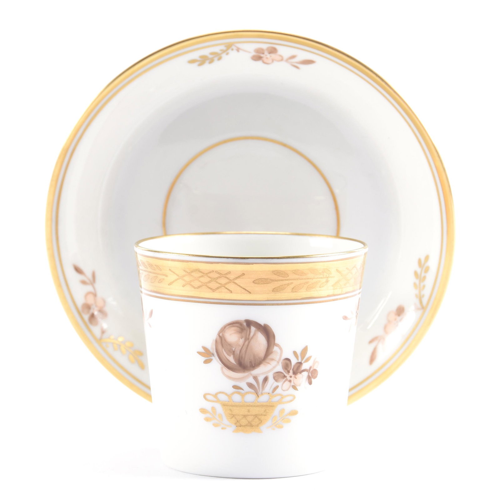 Cup & Saucer, Royal Copenhagen #595/9093: Cup & Saucer, Royal Copenhagen #595/9093, 2.5" x 4.25", White with Gold Band and Floral Basket Decor, Eseline Reynolds Estate