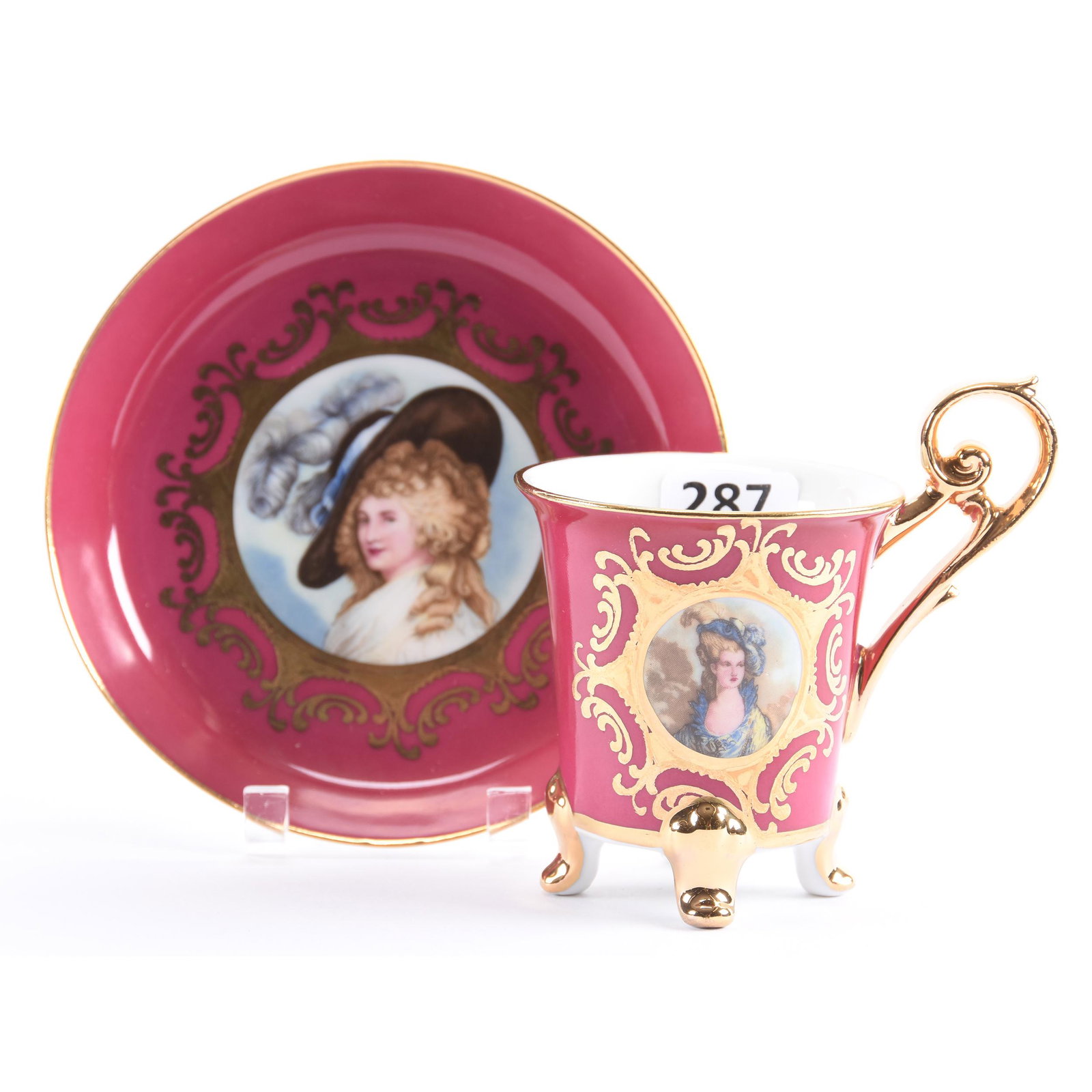 Cup & Saucer, J. K. W. Bavaria: Cup & Saucer, J. K. W. Bavaria, 3.5" x 4.25", Maroon Background with Gibson Girl Portrait, Strong Gold, Eseline Reynolds Estate