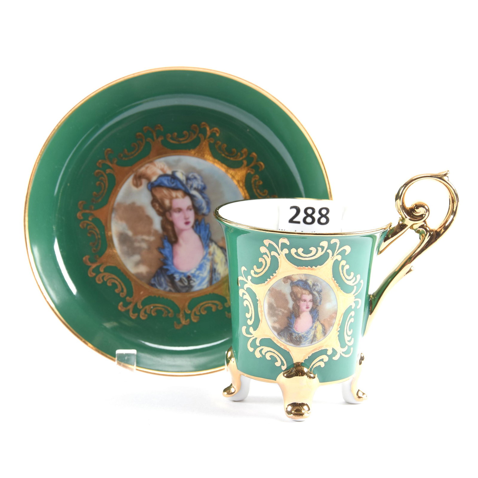 Cup & Saucer, J. K. W. Bavaria: Cup & Saucer, J. K. W. Bavaria, 3.5" x 4.25", Green Background with Gibson Girl Portrait, Strong Gold, Eseline Reynolds Estate