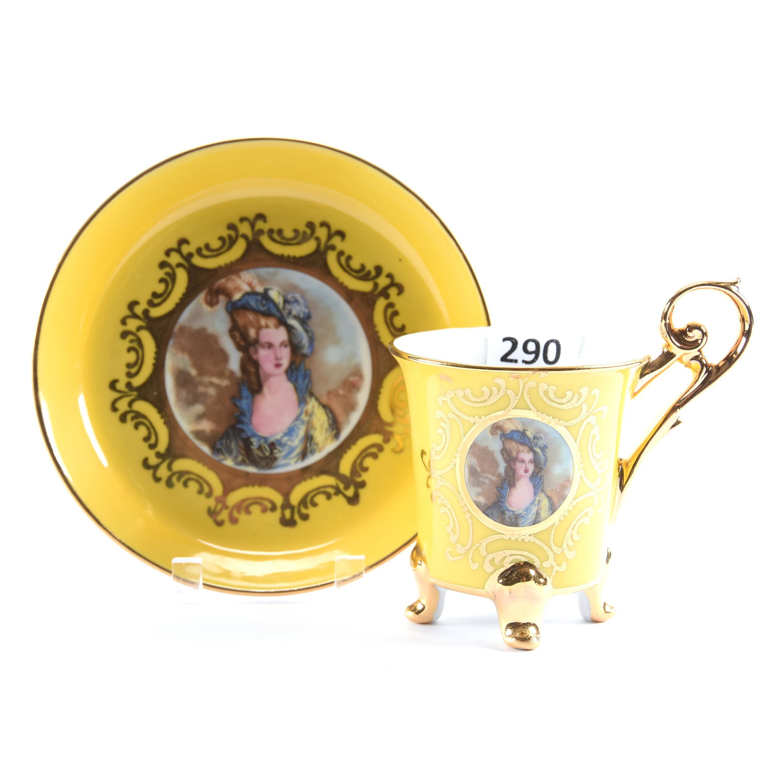 Cup & Saucer, J. K. W. Bavaria: Cup & Saucer, J. K. W. Bavaria, 3.5" x 4.25", Yellow Background with Gibson Girl Portrait, Strong Gold, Eseline Reynolds Estate