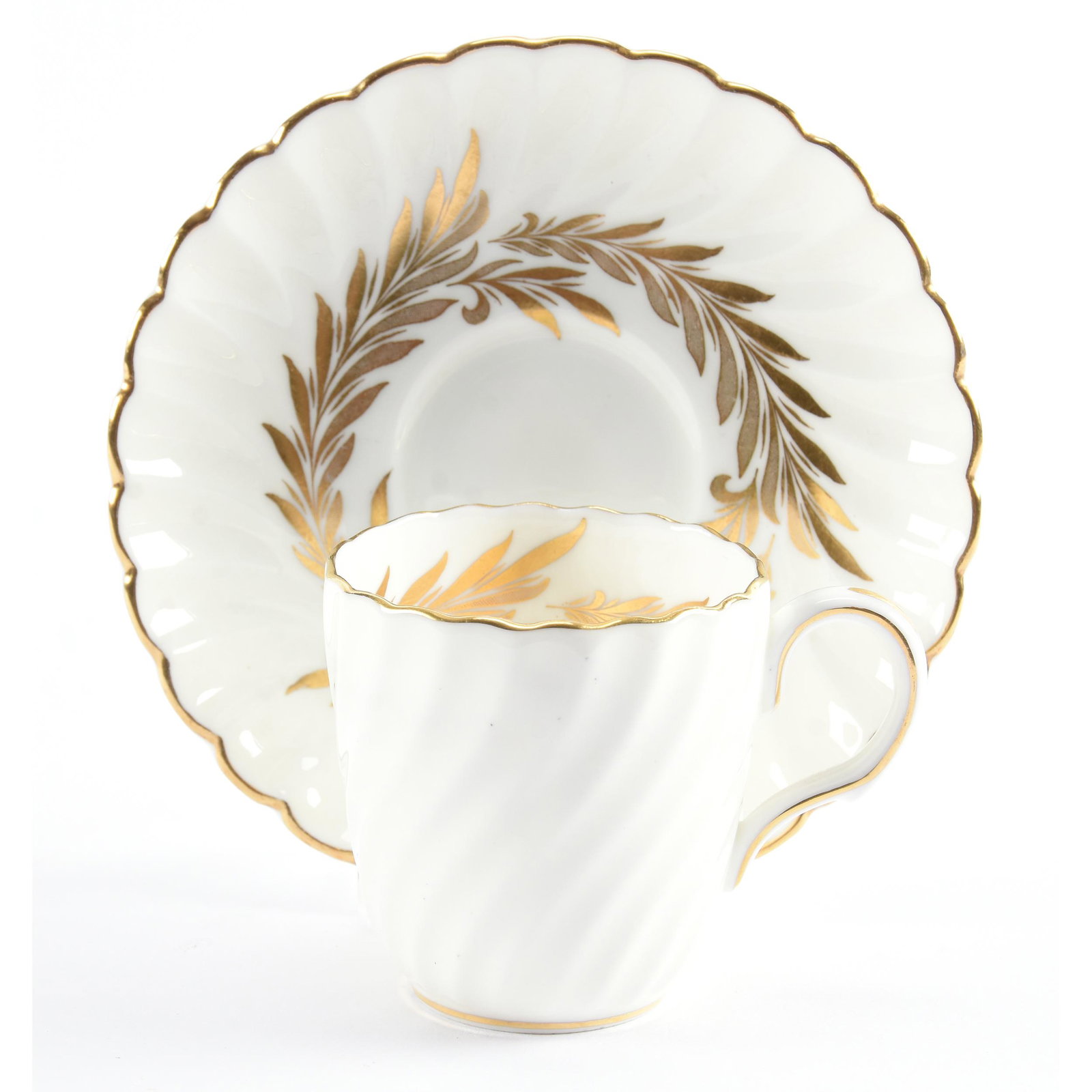 Cup & Saucer, Minton "Golden Symphony" Pattern: Cup & Saucer, Minton "Golden Symphony" Pattern, 2.25" x 4.5", Swirled Cream Tones with Gold Stencil Wreath Decor, Eseline Reynolds Estate