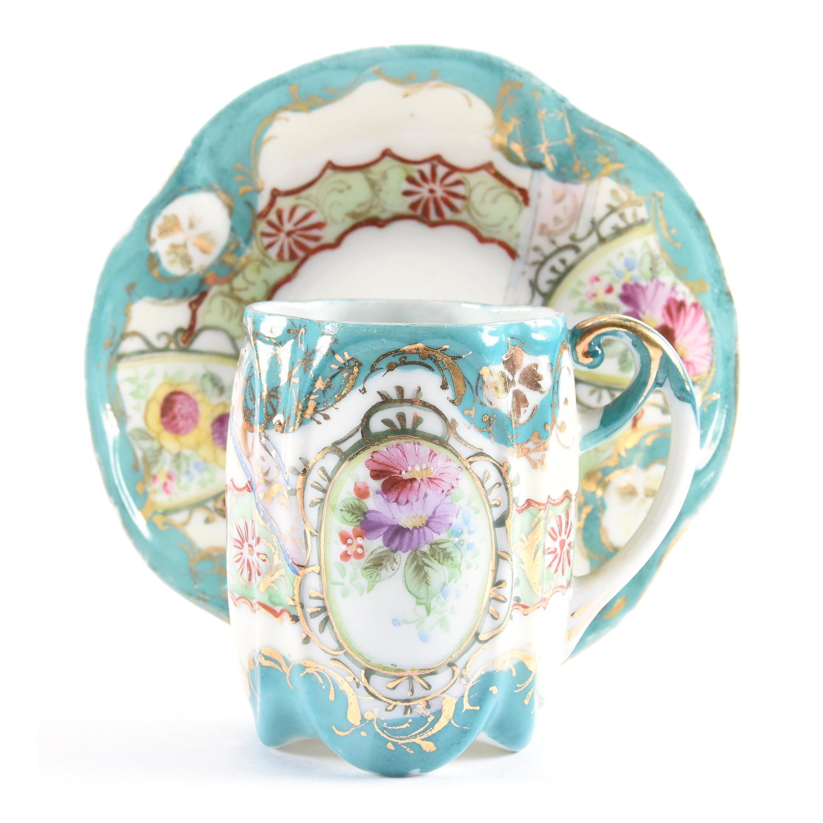 Cup & Saucer, Unmarked Nippon: Cup & Saucer, Unmarked Nippon, 3" x 4.5", Cream and Green with Colorful Floral Decor and Gold Stencil Highlights, Eseline Reynolds Estate