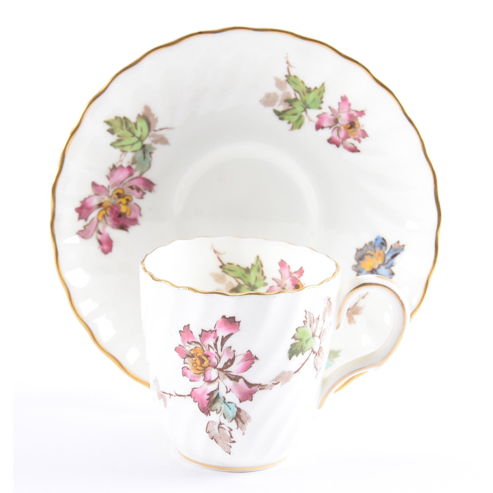Cup & Saucer, Minton "Vermont" Pattern: Cup & Saucer, Minton "Vermont" Pattern, 2.25" x 4.5", White Swirl with Pink and Yellow Blossom Decor, Gold Trim, Eseline Reynolds Estate