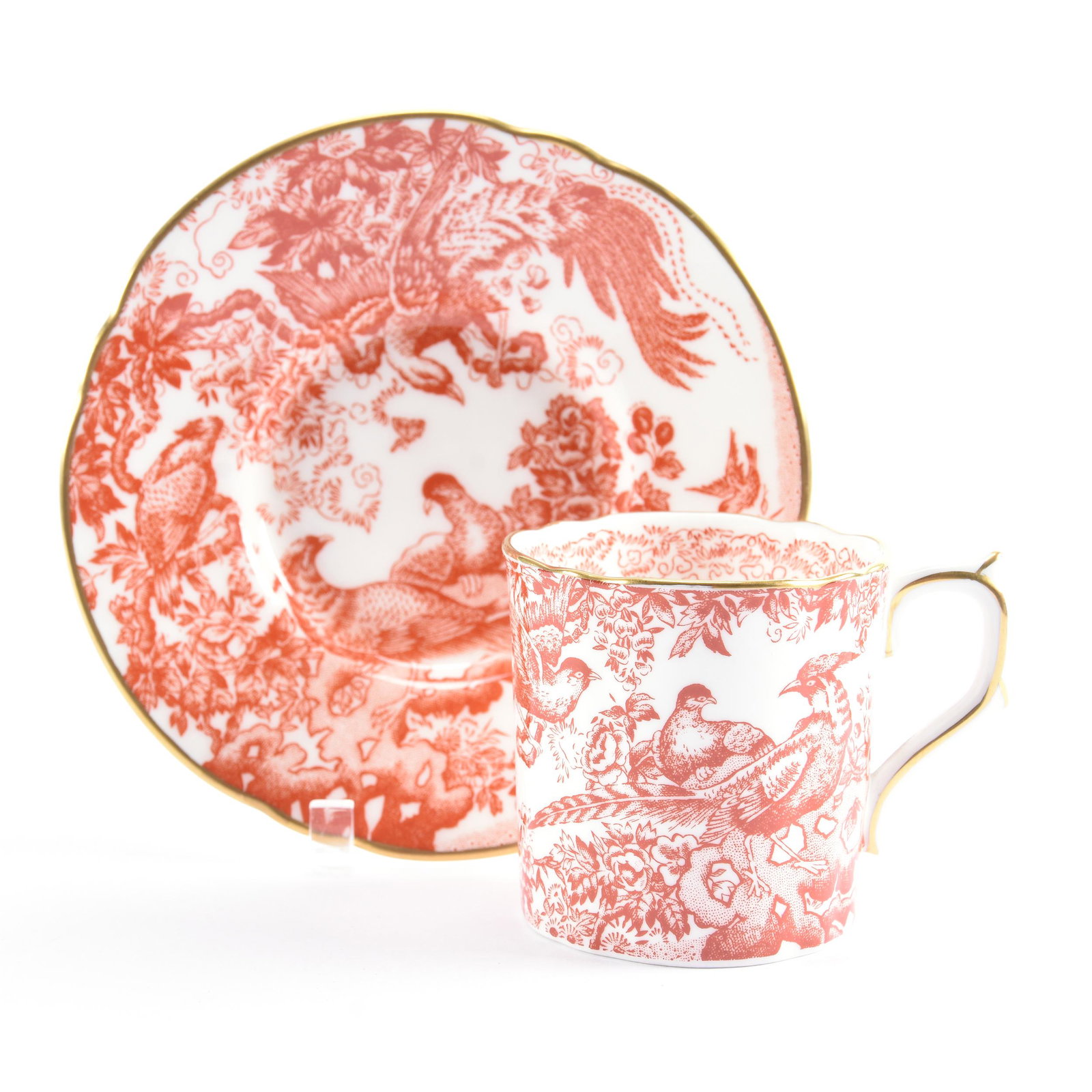 Cup & Saucer, Royal Crown Derby "Red Aves" Pattern: Cup & Saucer, Royal Crown Derby "Red Aves" Pattern, 2.5" x 4.75", Red and White Bird and Floral Design, Gold Trim, Eseline Reynolds Estate