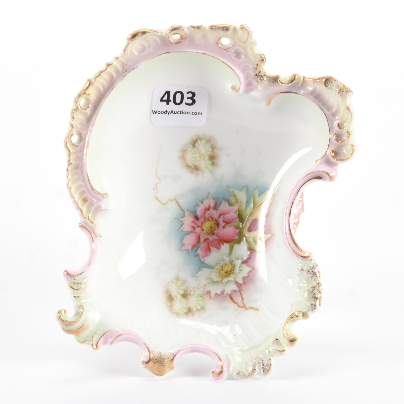 Pedestal Candy Dish, Early Unmarked Prussia: Pedestal Candy Dish, Early Unmarked Prussia, 2.75" x 5.5", White, Green, Pink and Cream Tones with Wild Floral Decor, Beautiful Mold, Eseline Reynolds Estate