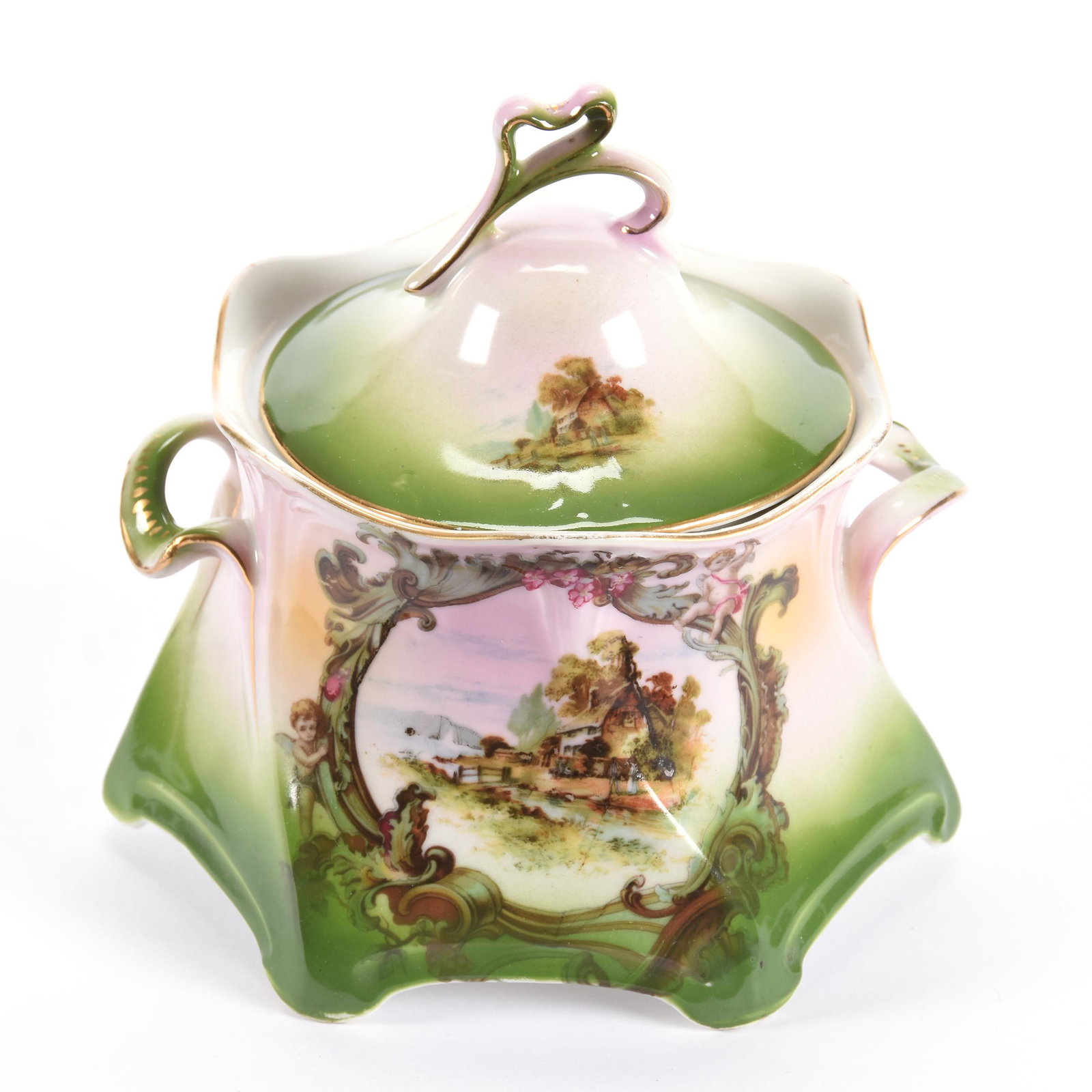 Cracker Jar, Two Handles, Crown Mark Germany: Cracker Jar, Two Handles, Crown Mark Germany, 6.25" x 6.5", Green and Pink Tones with Old Farm Scenic Decor, Eseline Reynolds Estate