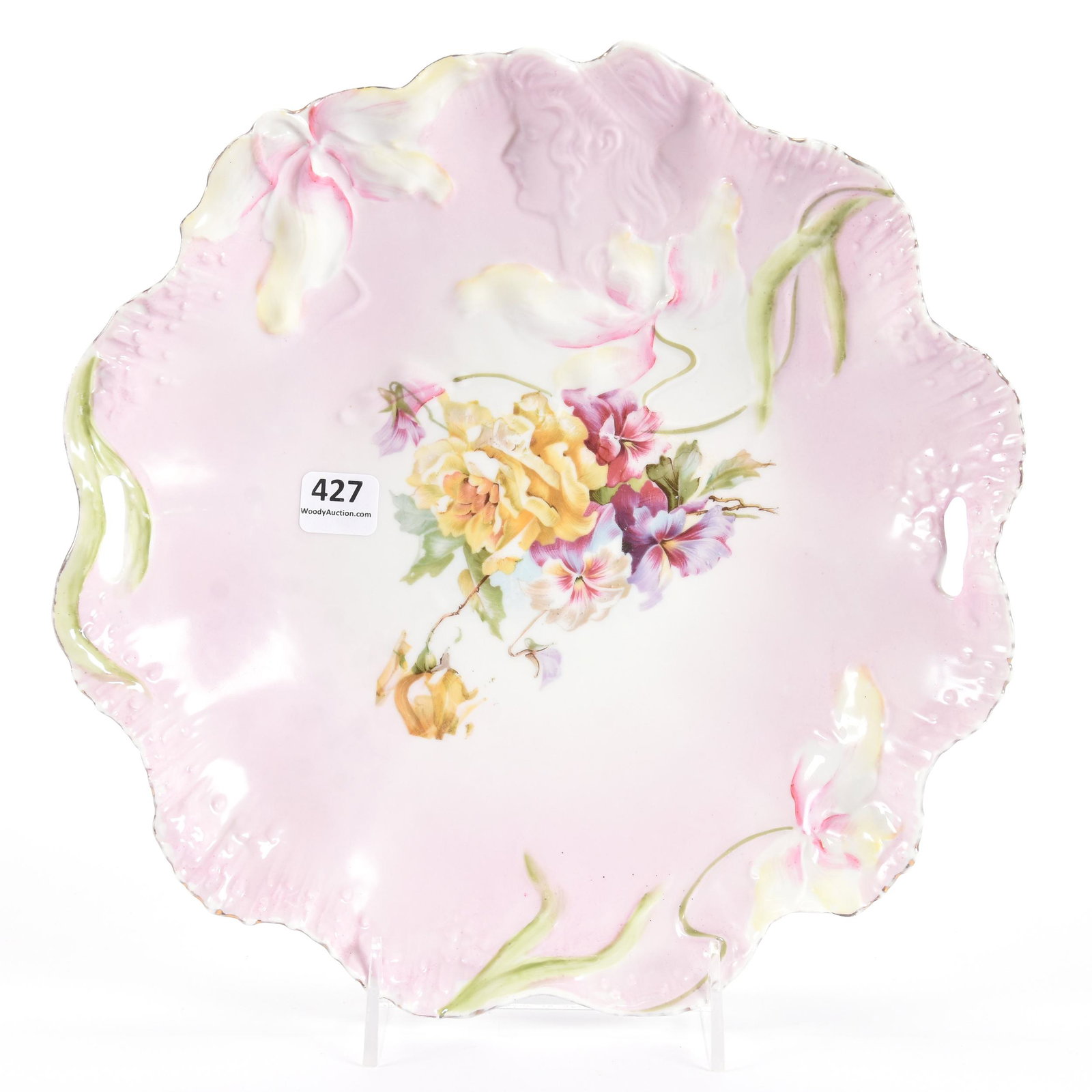 Cake Plate, Unmarked Prussia, Hidden Image Mold: Cake Plate, Unmarked Prussia, Hidden Image Mold, 10.5", Pink Tones with Floral Decor, Eseline Reynolds Estate
