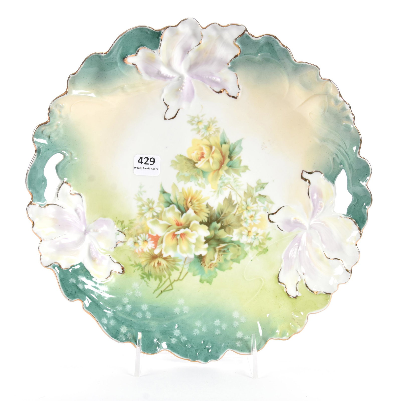 Cake Plate, Unmarked Prussia, Iris Variation Mold: Cake Plate, Unmarked Prussia, Iris Variation Mold, 11", Cream and Green Tones with Yellow Floral Decor, Lavender Iris Highlights, Eseline Reynolds Estate