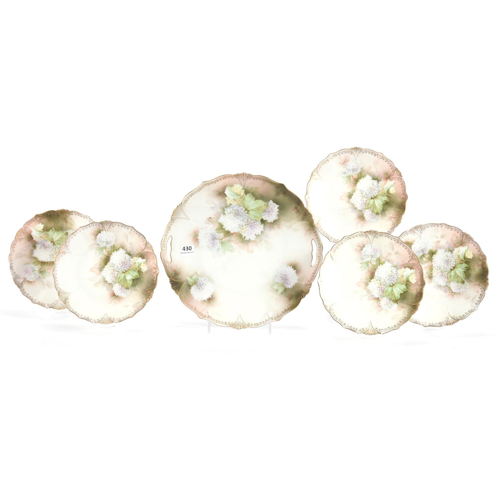 Cake Set, Six Piece, R.S. Poland: Cake Set, Six Piece, R.S. Poland, 9.75", 6.25", Cream and Green Satin with Snowball Floral Decor, Gold Stencil Highlights, (5) Matching 6.25" Plates, Eseline Reynolds Estate