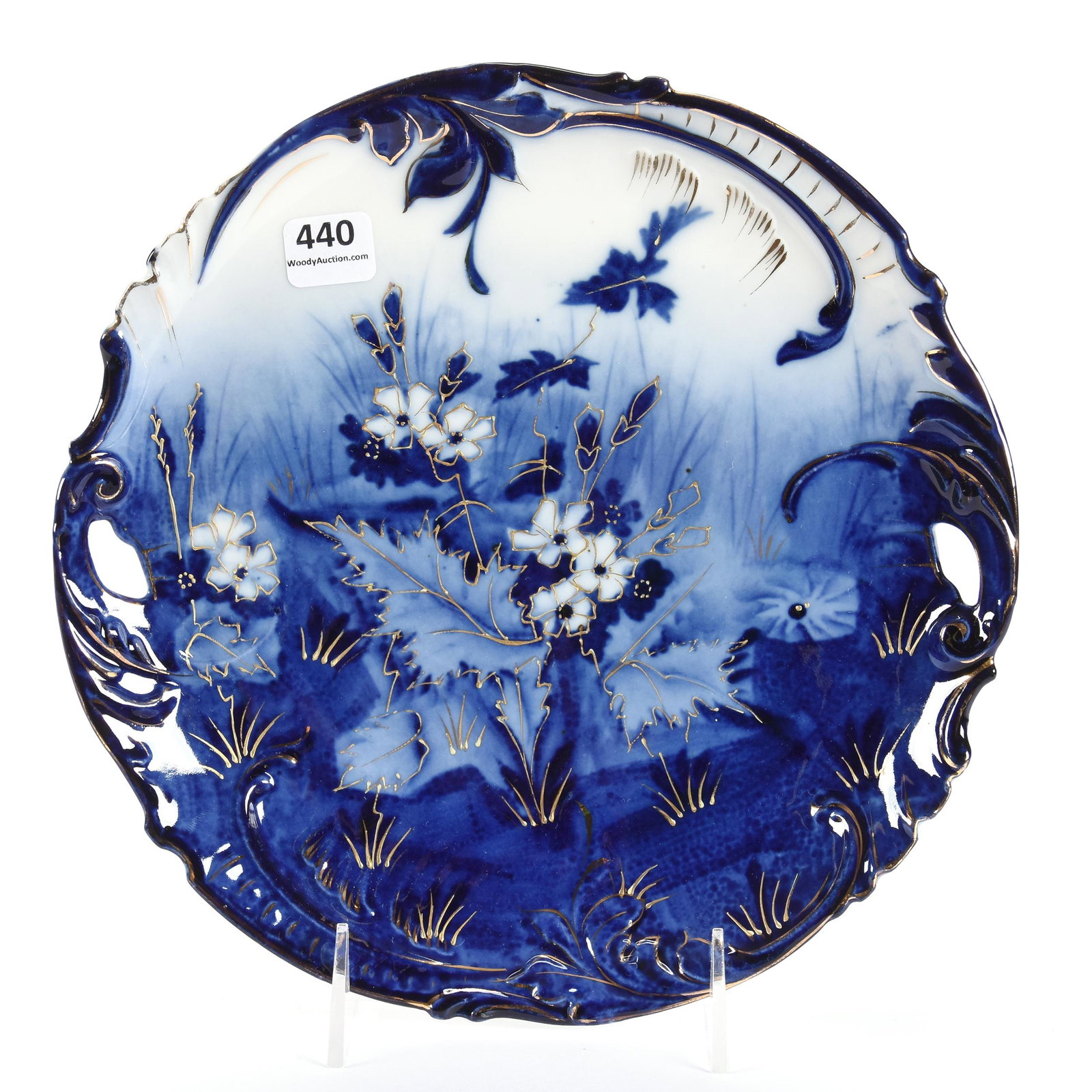 Cake Plate, R.S. Steeple Mark, Scroll & Leaf Mold: Cake Plate, R.S. Steeple Mark, Scroll & Leaf Mold, 9.5", Cobalt Blue and Floral Decor, Eseline Reynolds Estate