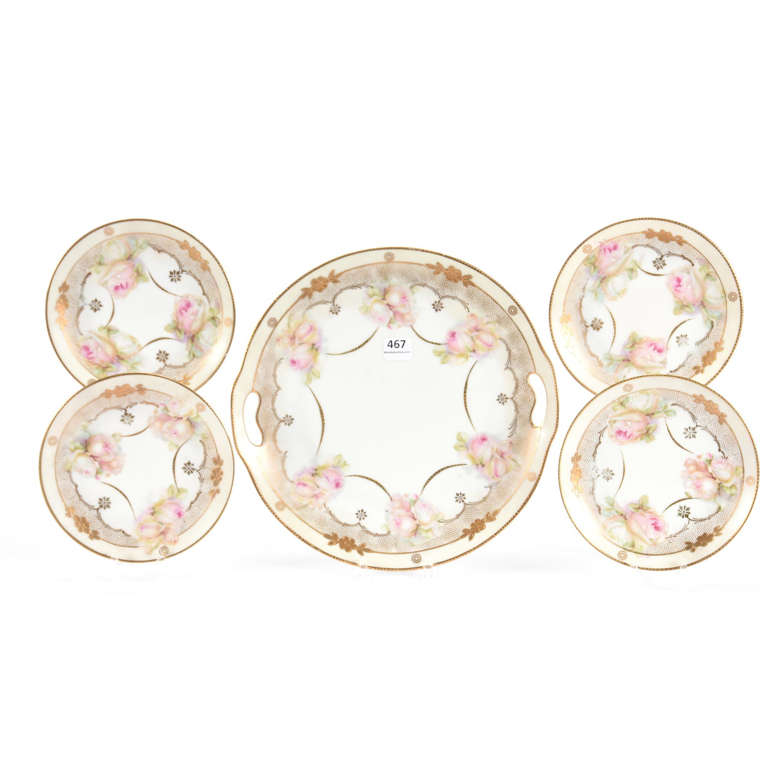 Cake Set, Erdmann Schlegelmilch Suhl Prussia: Cake Set, Erdmann Schlegelmilch Suhl Prussia, 10", 6", (1) 10" Cake Plate, White and Cream with Pink Rose Decor and Gold Stencil Highlights, (4) Matching 6" Plates, Eseline Reynolds Estate
