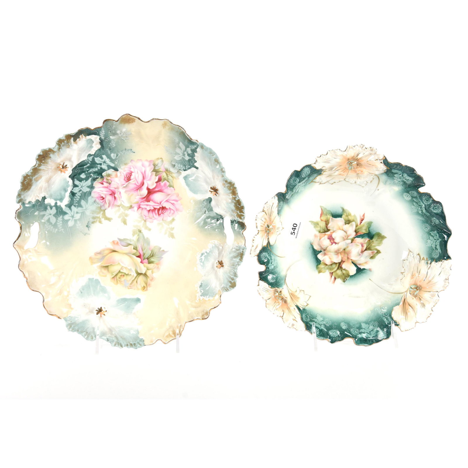 (2) R.S. Prussia Carnation Mold Items: (2) R.S. Prussia Carnation Mold Items, (1) 10.75" Cake Plate, Cream and Green Tones with Pink and Yellow Rose Decor, (1) 9.5" Bowl, Green and White Lustre Finish with Magnolia Decor, Hairline, Eseline