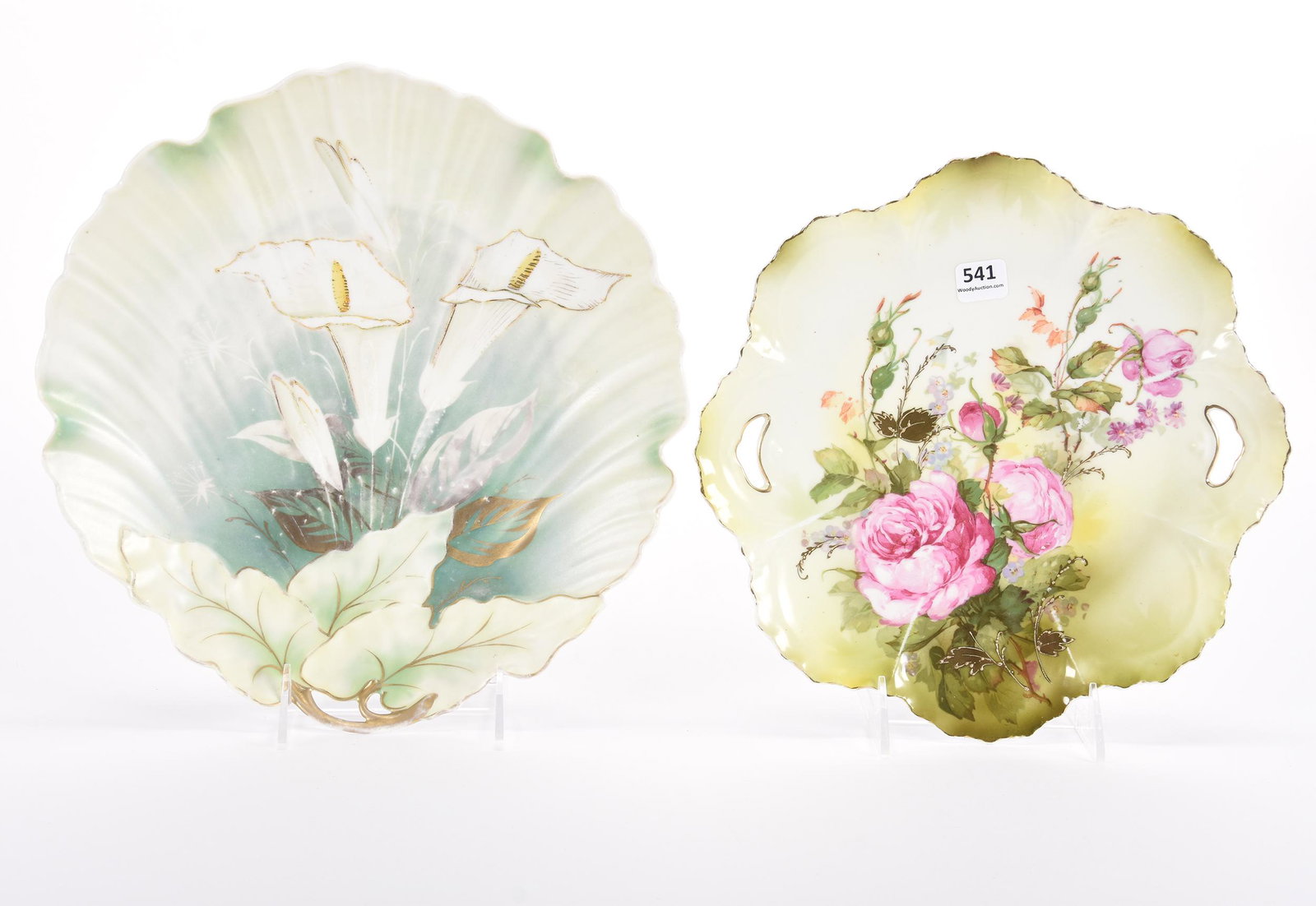 (2) Plates, R.S. Prussia: (2) Plates, R.S. Prussia, (1) 9.75" Plate, Leaf Mold, Green Satin Finish, Floral Decor, Some Fading, (1) 10.25" Cake Plate, Green Tones with Pink Rose Decor and Gold Leaf Highlights, Faint Hairline on