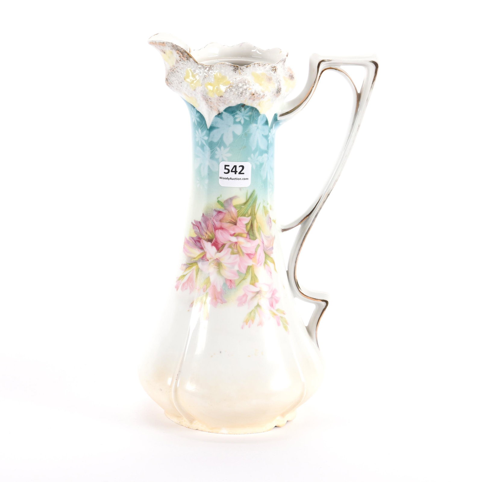 Chocolate Pot, Unmarked Prussia, Stipple Mold: Chocolate Pot, Unmarked Prussia, Stipple Mold, 10.75", Blue, White and Cream Tones, Pink Floral Decor, No Lid, Eseline Reynolds Estate
