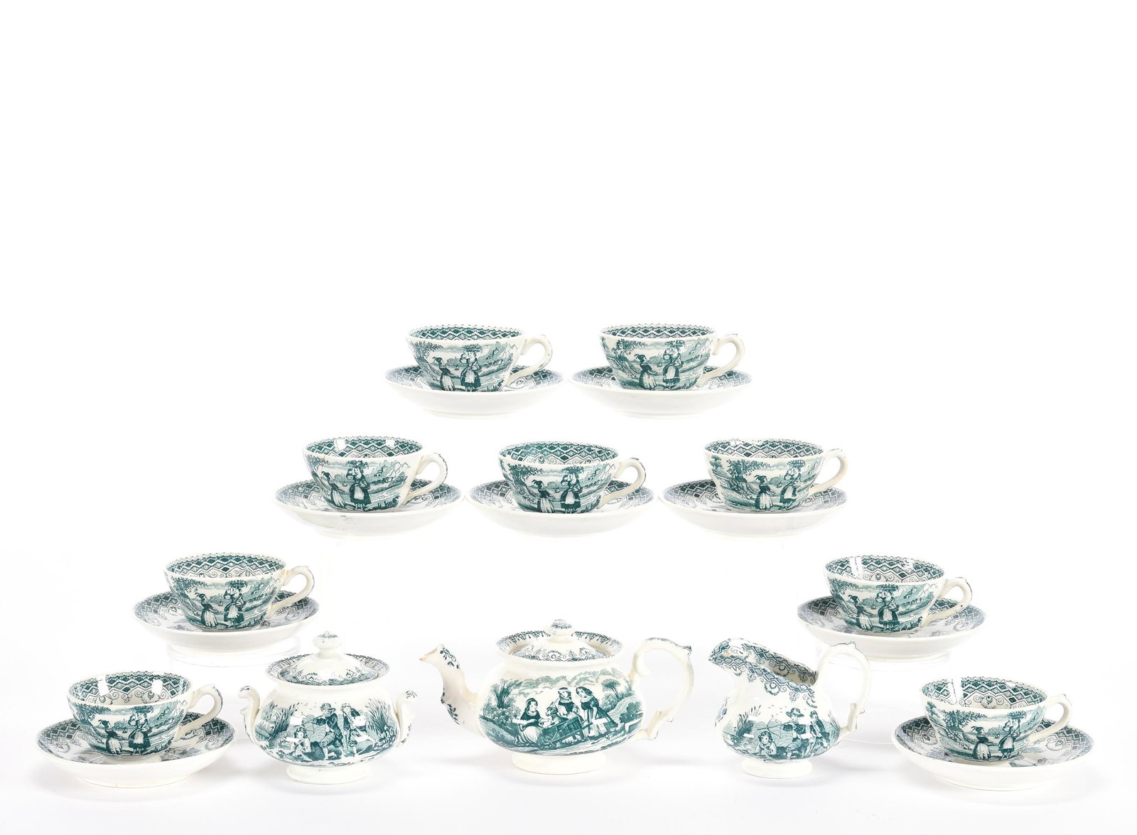 (12) Piece Child's Tea Set By P. Regout: (12) Piece Child's Tea Set by P. Regout, Green & White with Scenes, Appears to Be Joy Pattern, (1) 3.25" x 6" Tea Pot, Creamer, Sugar, (9) Cups and Saucers, One Cup & Saucer Have Serious Hairlines, On