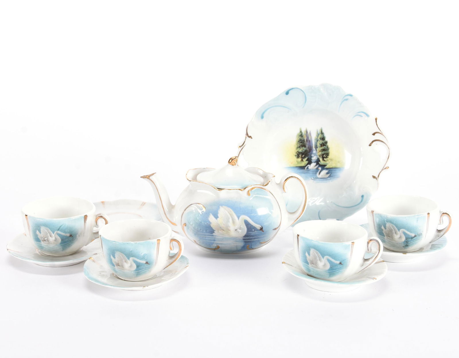 (8) Piece Child's Tea Set, Unmarked Prussia, Swan: (8) Piece Child's Tea Set, Unmarked Prussia, Swan, Blue and White with Swan Decor, (1) 2.5" x 5" Tea Pot, Some Spout Roughness, (1) 4.5" Cake Plate, (3) 1.5" x 2.75" Cups & Saucers, (1) Extra Cup, (2)