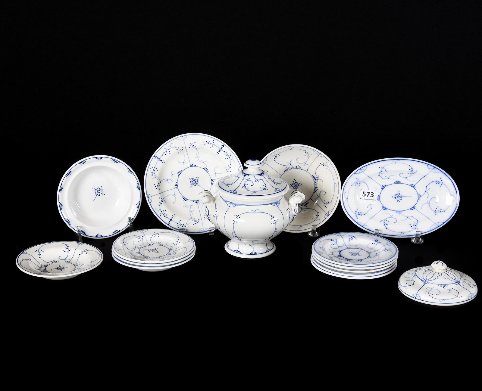(14) Piece Childs Table Set, Villeroy & Bach: (14) Piece Childs Table Set, Villeroy & Bach, Dresden Pattern, Blue and White with Floral Design, (1) 4.75" Covered Tureen, Lid and Rim Chipped, (1) 5.75" Oval Tray, (1) 5" Round Tray, (8) 4" Plates, 