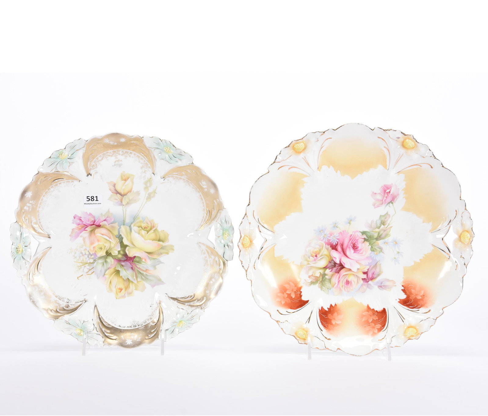 (2) Cake Plates, Unmarked Prussia, Lily Mold: (2) Cake Plates, Unmarked Prussia, Lily Mold, (1) 11", Cream, Brown and White Tones with Pink & Yellow Rose Decor, (1) 10.5", White with Gold Border, Yellow Rose Decor, Some Fading on Gold Border, Ese