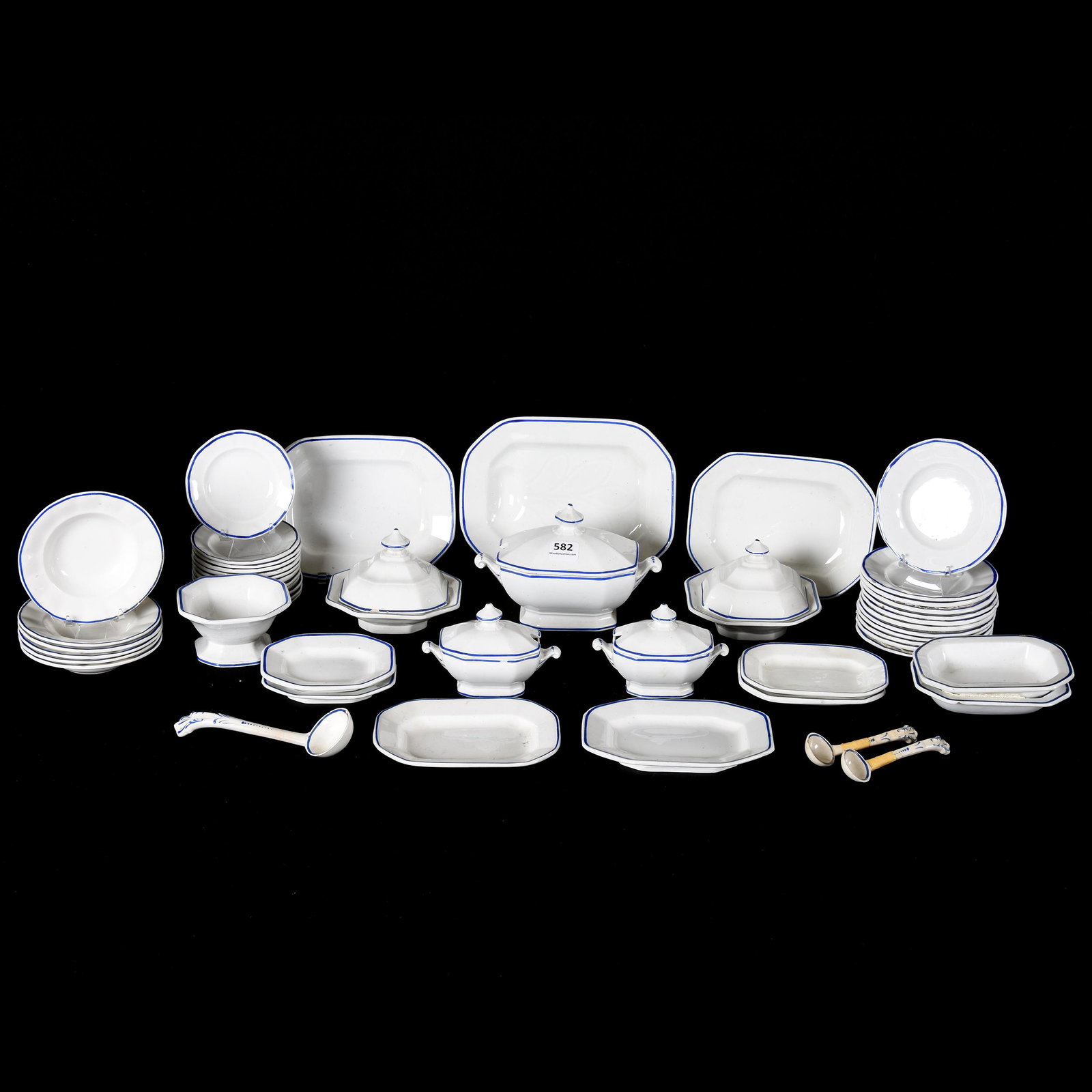 (39) Piece Child's Table Set, Unmarked Ironstone: (39) Piece Child's Table Set, Unmarked Ironstone, White with Blue Trim, Largest Tray is 6.75", Smallest Plate is 3.25", Pedestal Bowl has Rim Chip, Square Covered Dishes Have Rim Chips, (2) Ladle Hand