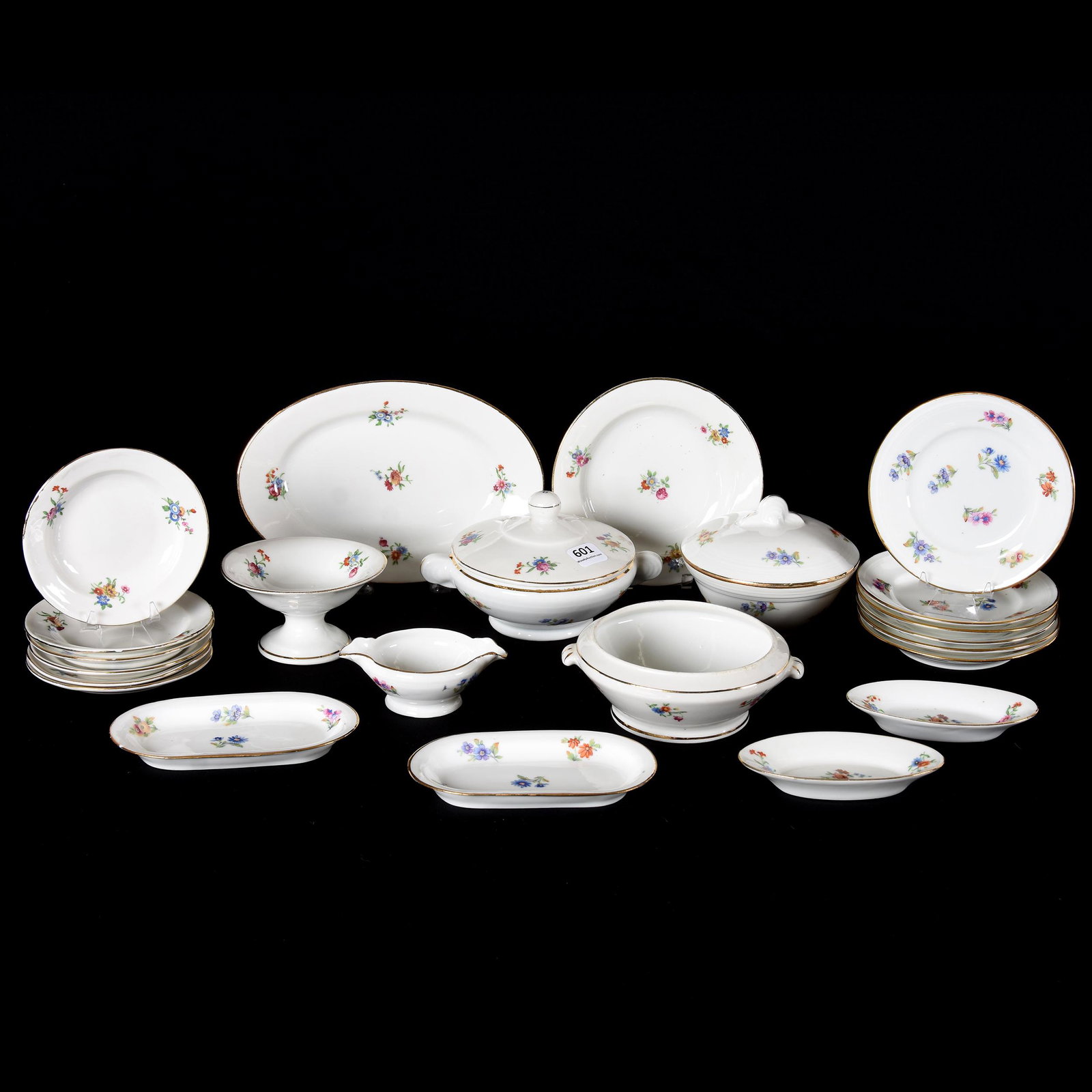 (23) Piece Child's Table Set Marked France: (23) Piece Child's Table Set Marked France, Set is White with Colorful Scattered Floral Decor, Set Includes 7.5" Oval Tray, 3.75" Bowl with Lip, (2) Covered Dishes, One Without Lid, (6) 4.75" Plates, 