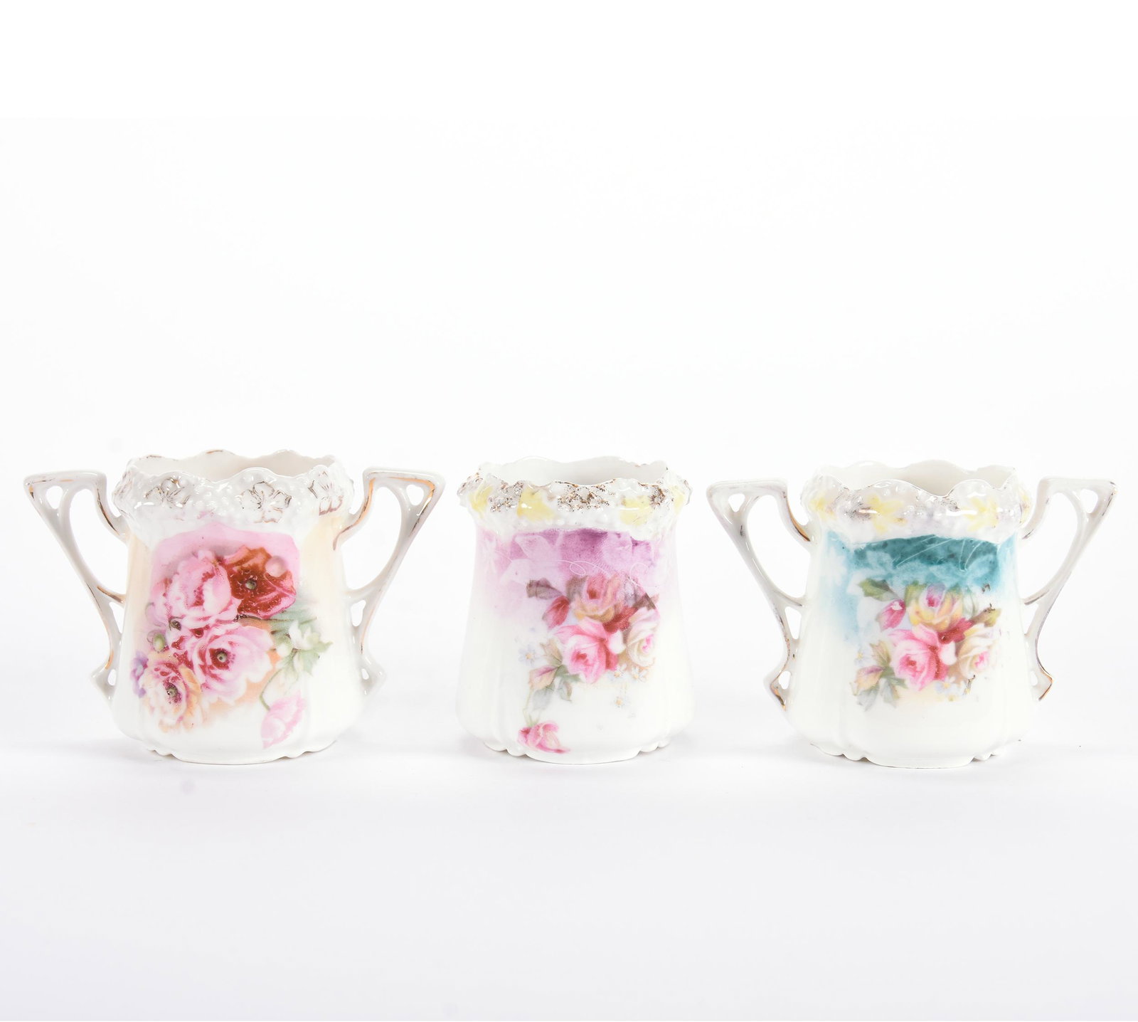 (3) Toothpick Holders, Unmarked Prussia, Stipple Mold: (3) Toothpick Holders, Unmarked Prussia, Stipple Mold, 2.25", All Have Floral Decor, (2) with Handles, (1) with No Handles, Eseline Reynolds Estate