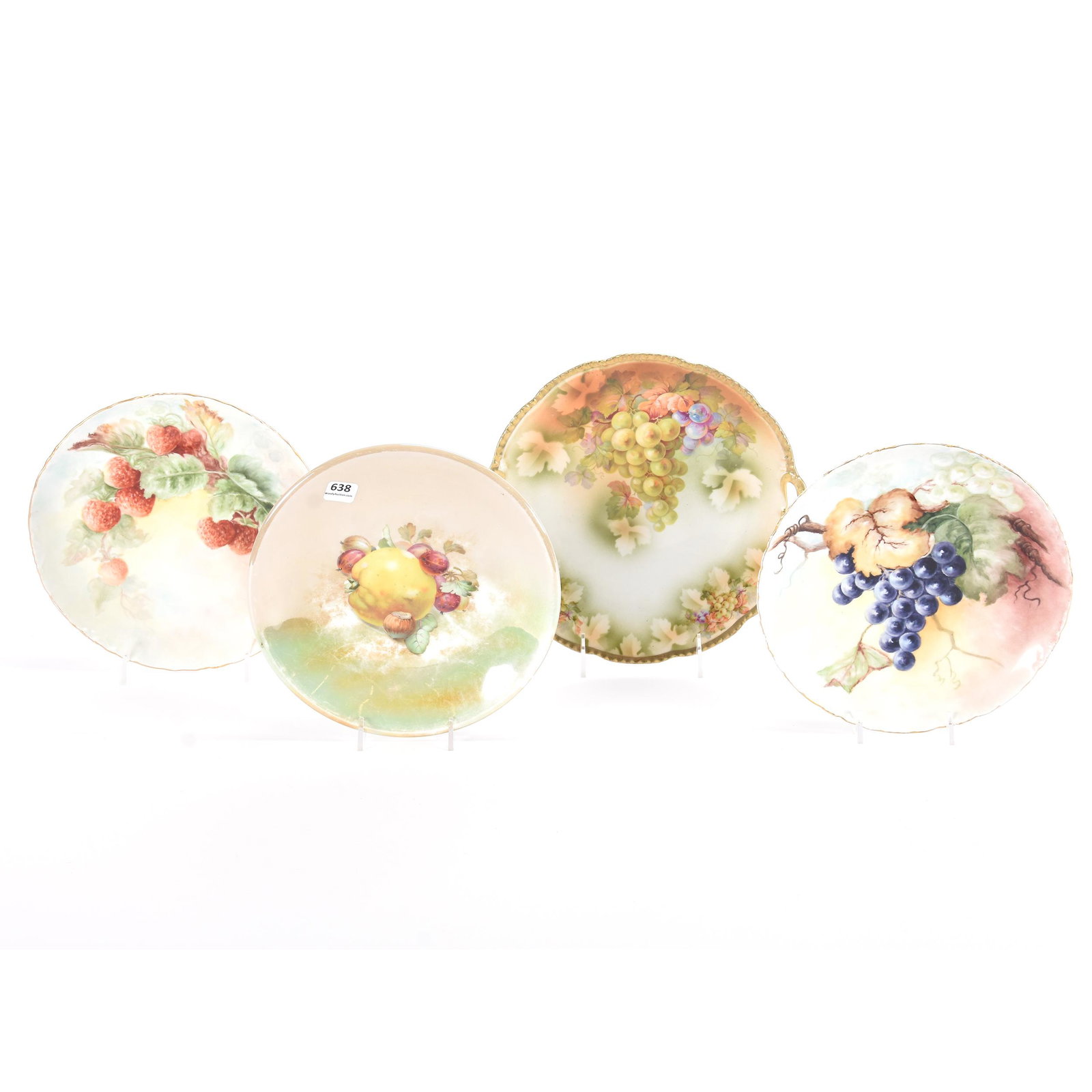 (3) Plates & Cake Stand, Prussia Style & Other: (3) Plates & Cake Stand, Prussia Style & Other, (1) 10.25" Plate, Prussia Royal Rudolstadt, Vintage Motif, Gold Trim, (1) 8.75" Plate, Bavaria, Vintage Motif, Artist Signed "Kidney", (1) 8.75" Plate,