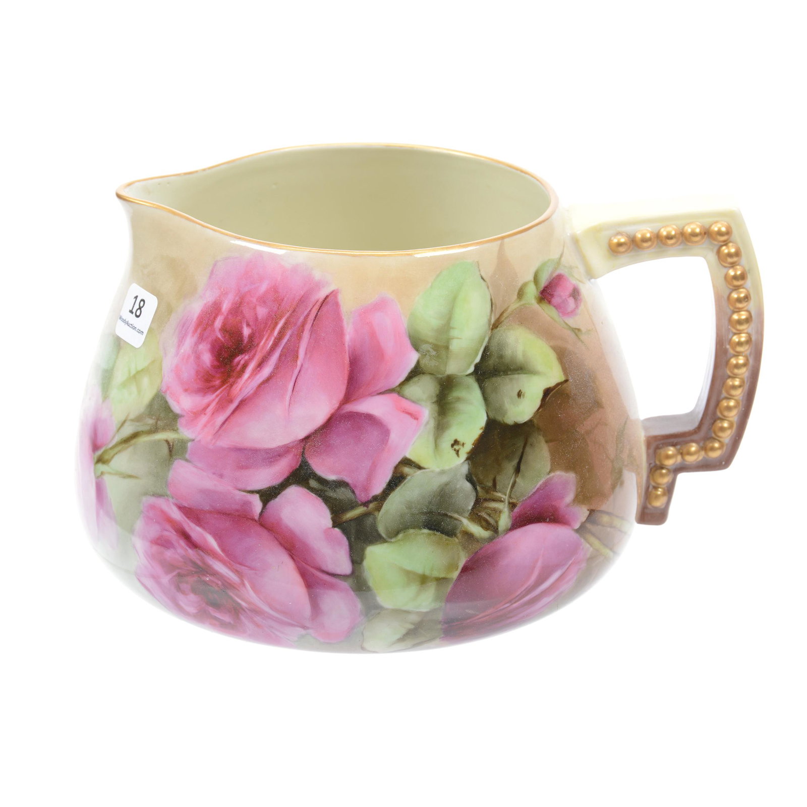 Cider Pitcher, American Belleek CAC, Ceramic Arts Co: Cider Pitcher, American Belleek CAC, Ceramic Arts Co, 5.5" X 8.5", Brown and Cream Tones with Pink Rose Decor, Schiff Collection, NJ