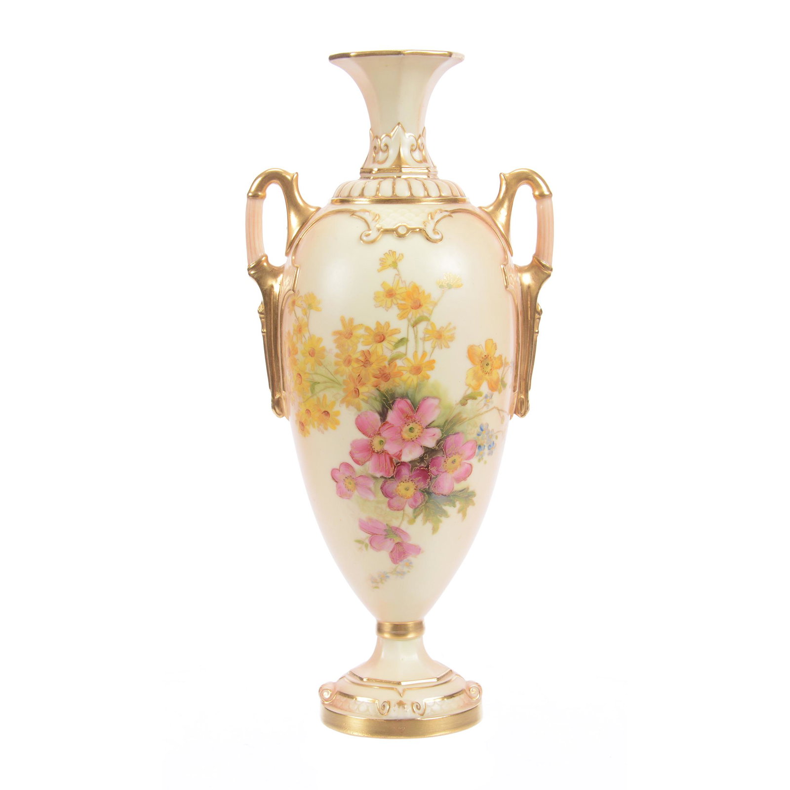 Two Handle Pedestal Vase, Royal Worcester #2256: Two Handle Pedestal Vase, Royal Worcester #2256, 10", Cream and Pink Tones with Colorful Floral Highlights, Small Nick on Base, Schiff Collection, NJ