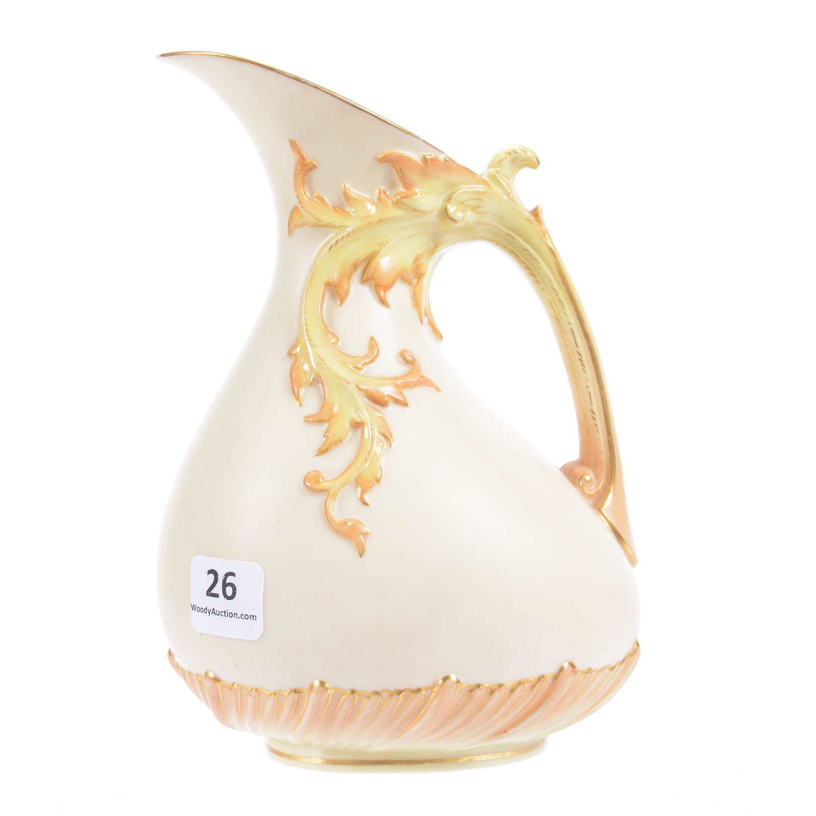 Jug, Royal Worcester #1439: Jug, Royal Worcester #1439, 6.5", Cream, Yellow and Pink Tones, Leaf Mold, Spout Chip in Shape of Fan, Schiff Collection, NJ