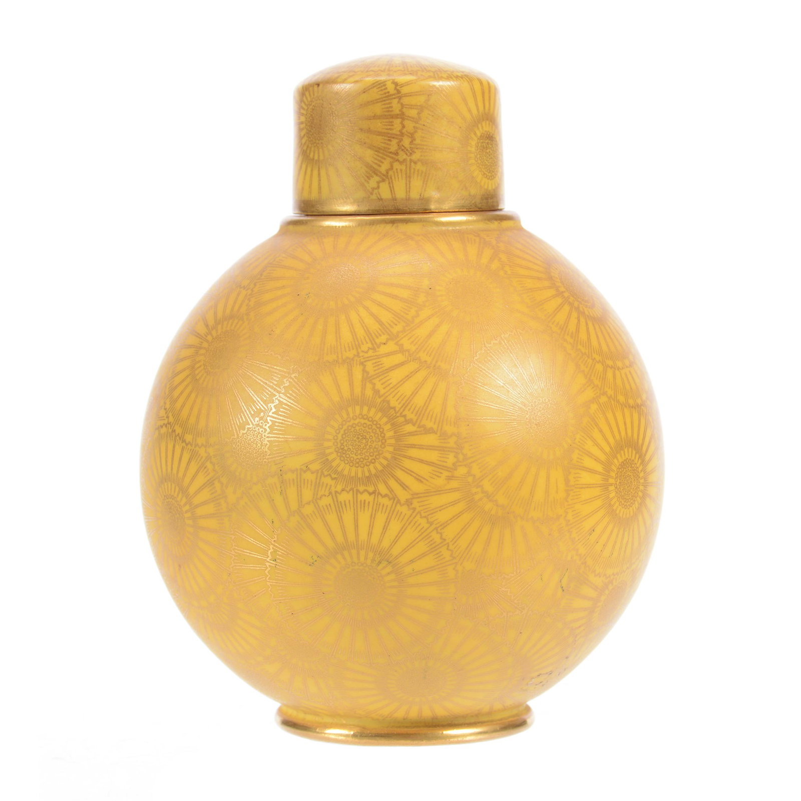 Incense Jar, Royal Worcester #1039: Incense Jar, Royal Worcester #1039, 4.5", Yellow with Extensive Gold Stencil Blossom Design, Ball Form, Schiff Collection, NJ