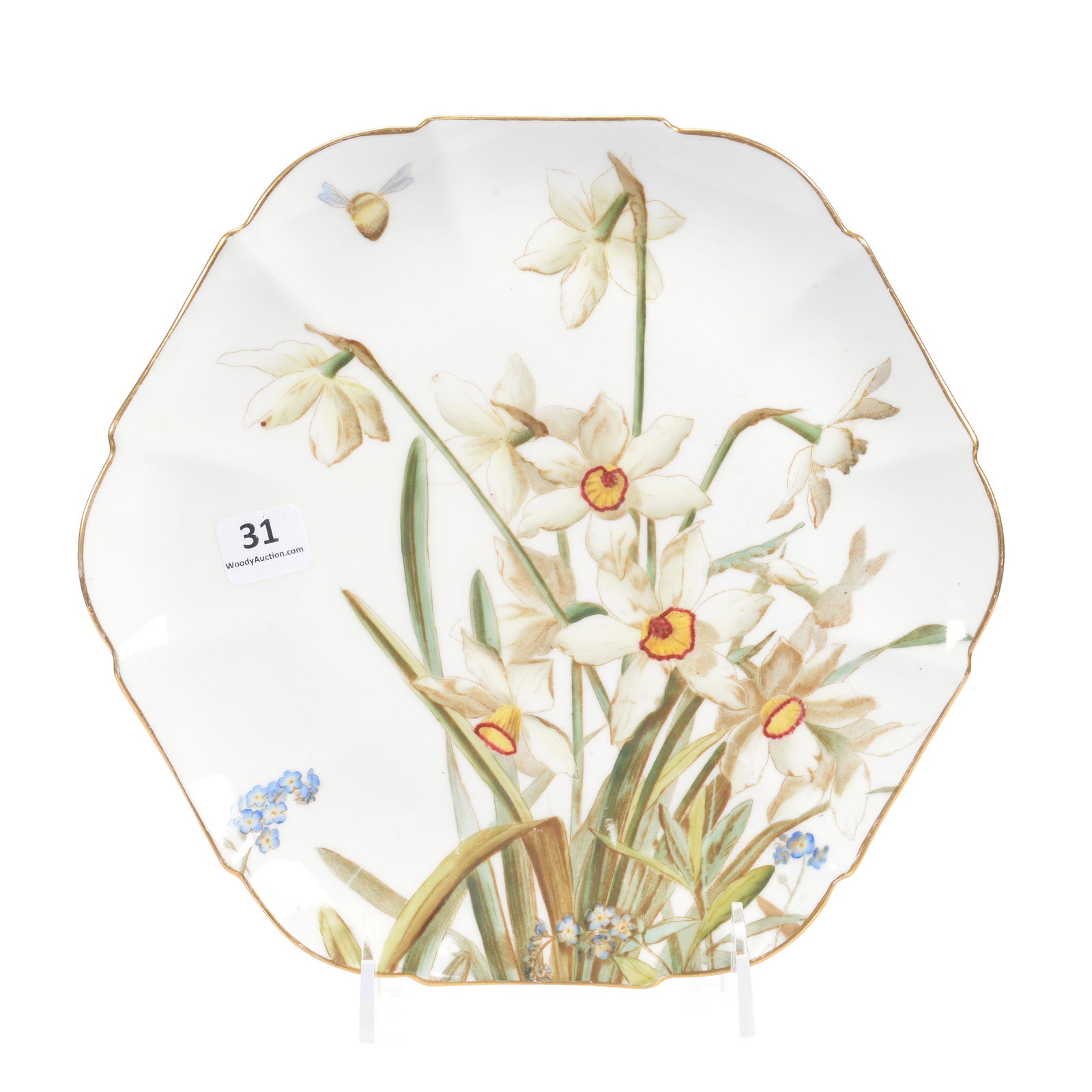 Plate, Marked "Familiar Flowers H.O.J.": Plate, Marked "Familiar Flowers H.O.J.", 9", Made by George Jones Circa 1890's, "HOJ" Refers to Horace Overton Jones, the Son of George Jones and Designer of Pattern, White with Daffodil and Bee Decor