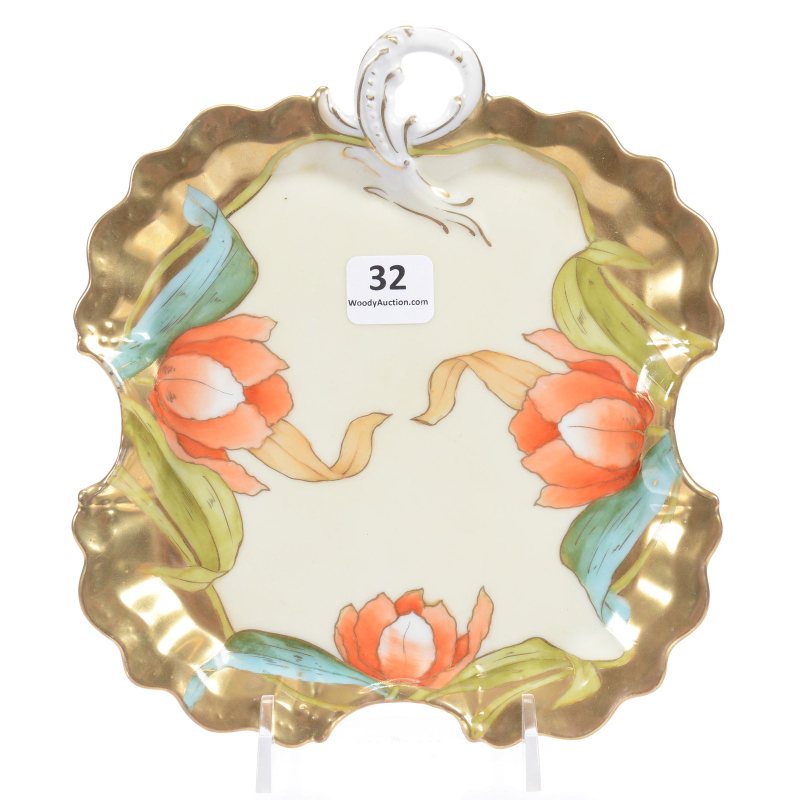 Tray, Bavarian,: Tray, Bavarian, 7" X 6.5", Cream Center with Stylized Orange Tulip Decor, Gold Trim, Schiff Collection, NJ