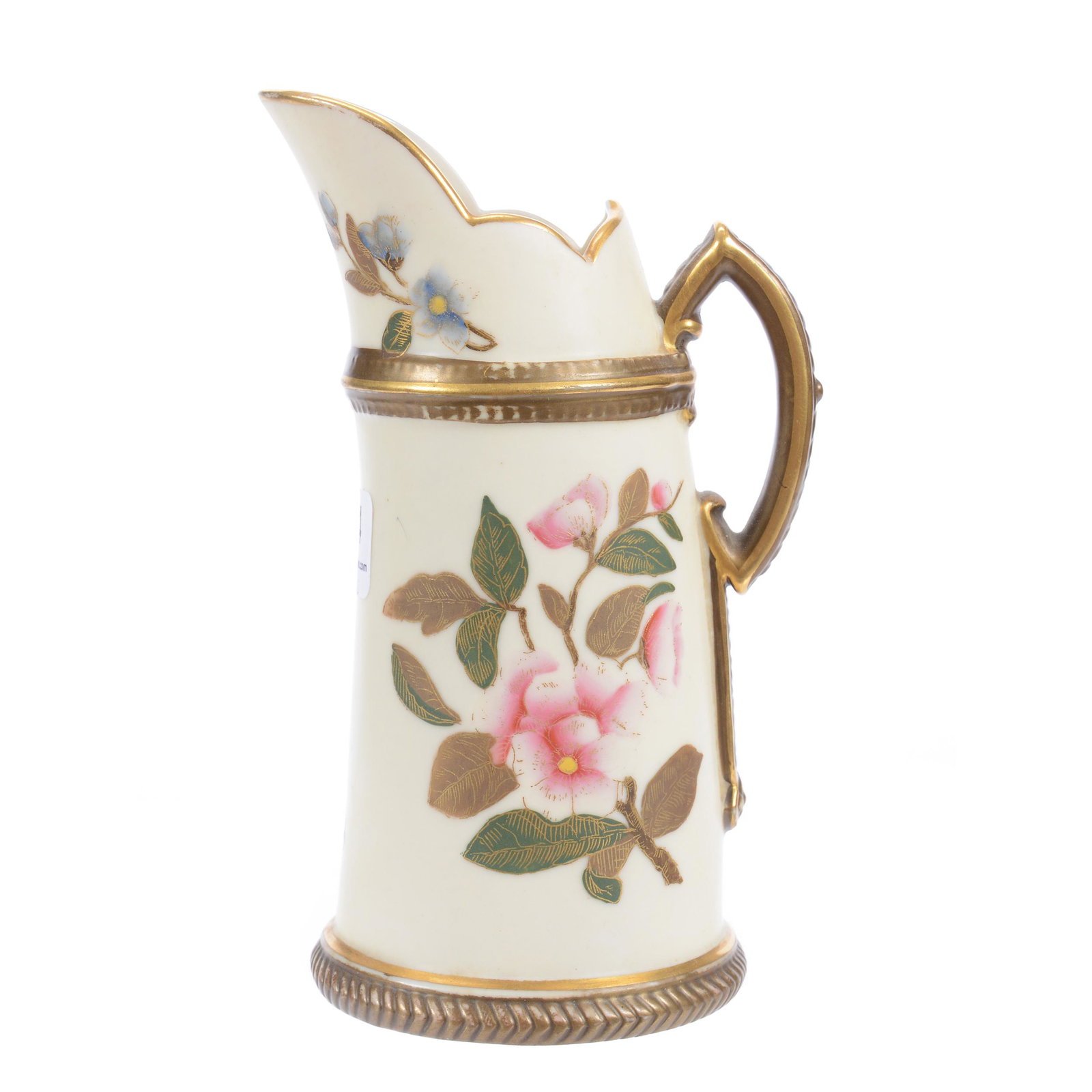 Pitcher, Royal Worcester, Tusk Form: Pitcher, Royal Worcester, Tusk Form, 5.75", Cream with Colorful Floral and Butterfly Decor, Gold Stencil Highlights, Schiff Collection, NJ
