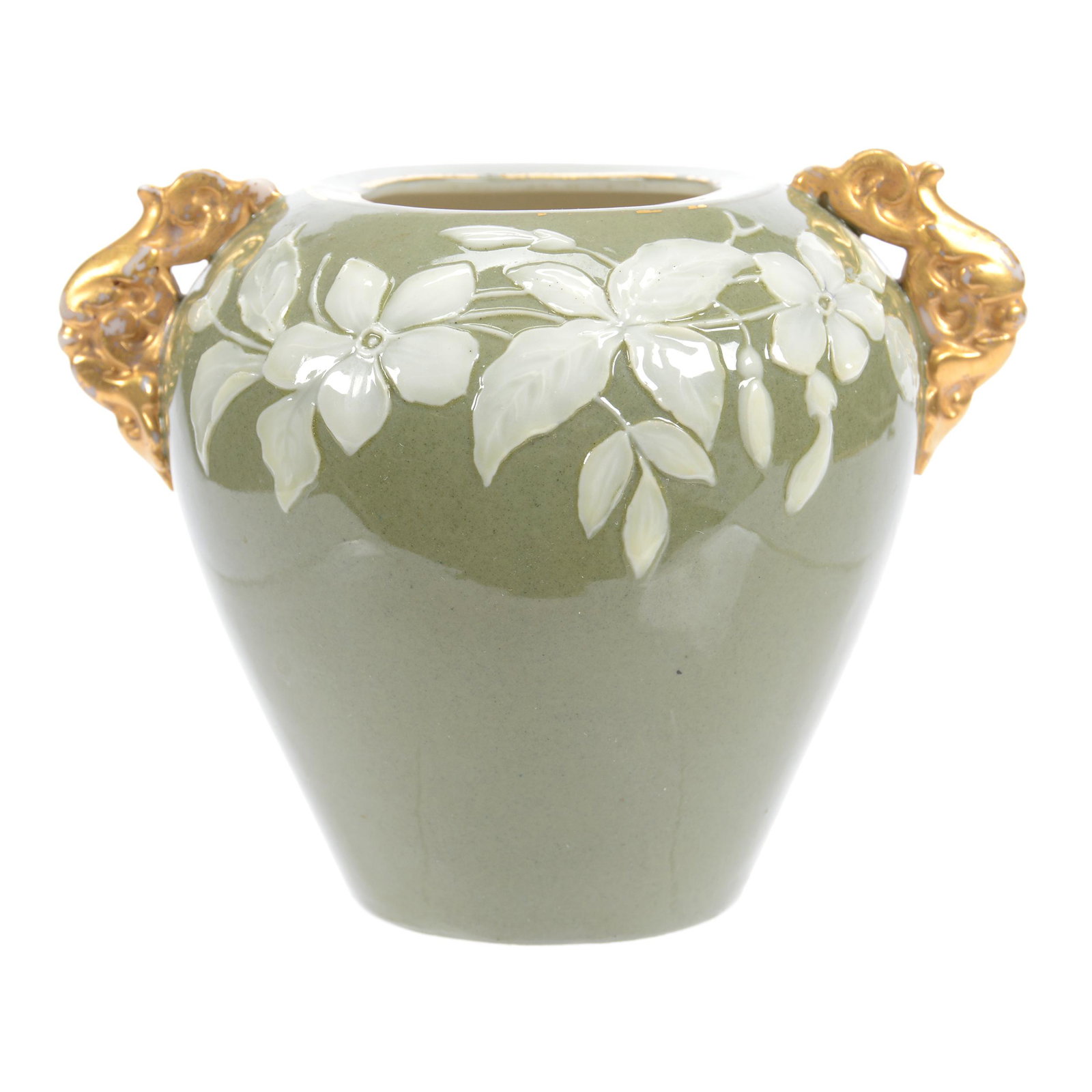 Rare Pate Sur Pate Vase, Marked Locke & Co, Worcester: Rare Pate Sur Pate Vase, Marked Locke & Co, Worcester, Royal Worcester, 4" X 5", Green with White Floral Relief, Gold Handles, Schiff Collection, NJ. UPDATED 6-29-20 to correct title.