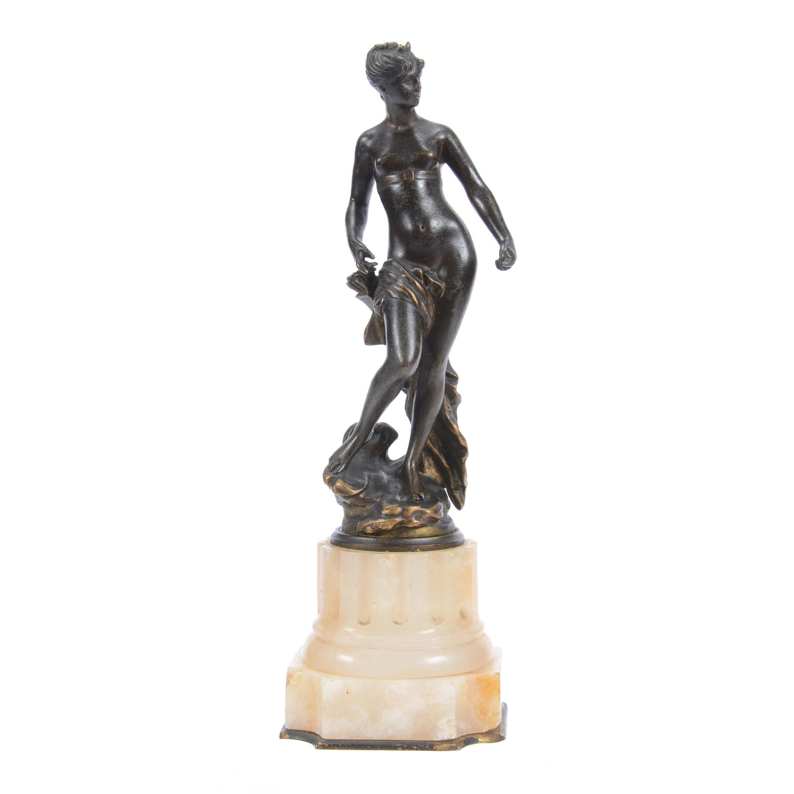 French Bronze and Marble Figure, Diana The Huntress: French Bronze and Marble Figure, Diana the Huntress, 9.25" X 3", Artist Signed Moreau, White Marble Pedestal, Some Chipping on Marble Pedestal, Schiff Collection, NJ