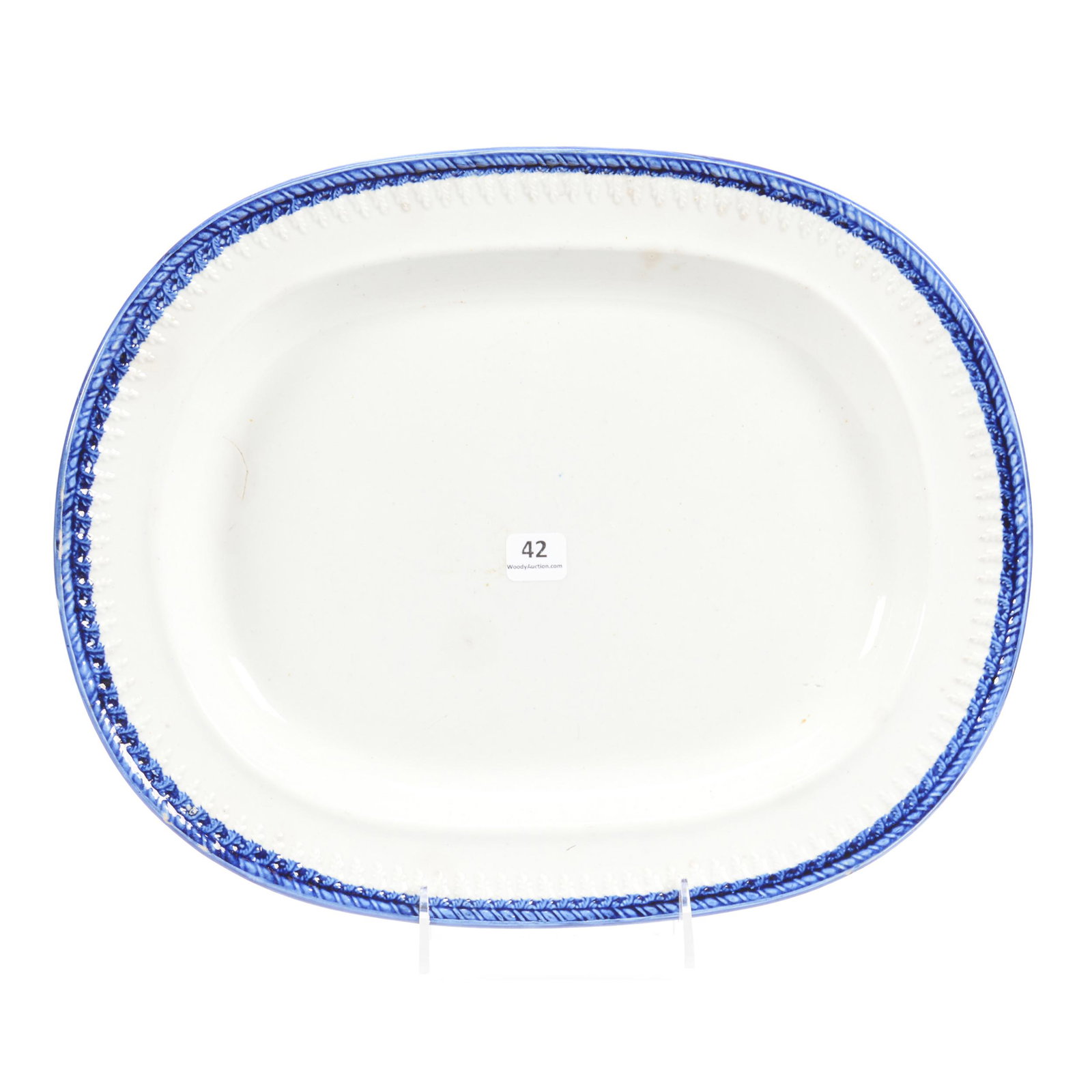 Platter, Flow Blue: Platter, Flow Blue, 14" X 11", Feathered Edge, Mark Shows Only Impressed "Wood", Hampton Collection, TX