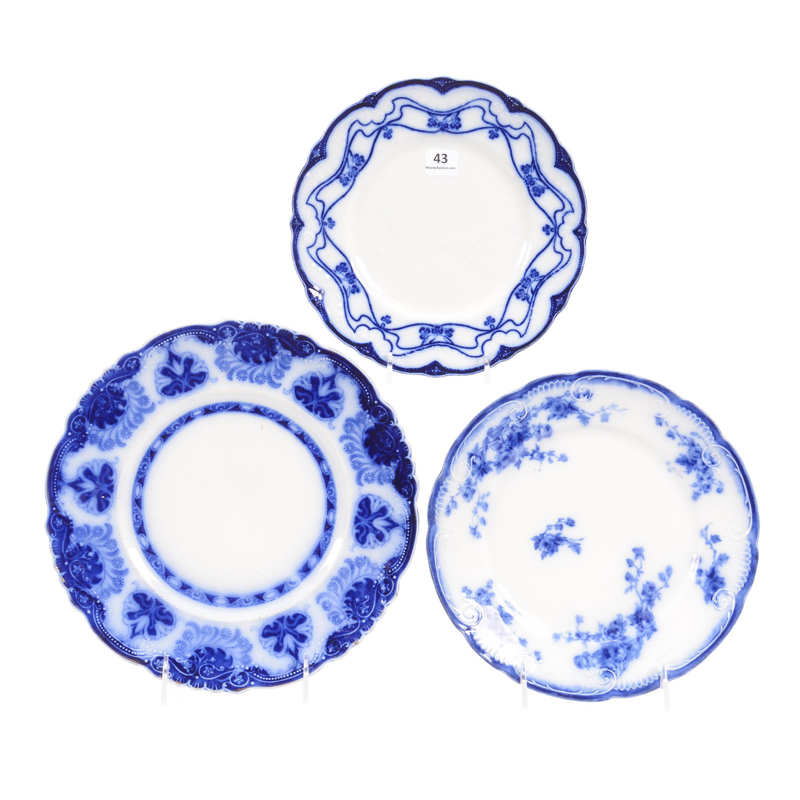 (3) Assorted Flow Blue Plates: (3) Assorted Flow Blue Plates, (1) 10", Baltic Pattern by Grindley, (1) 8.75", Marechal Pattern by Grindley, (1) 8", Paris Pattern by Stanley, Crow's Foot in Center of Plate, Hampton Collection, TX
