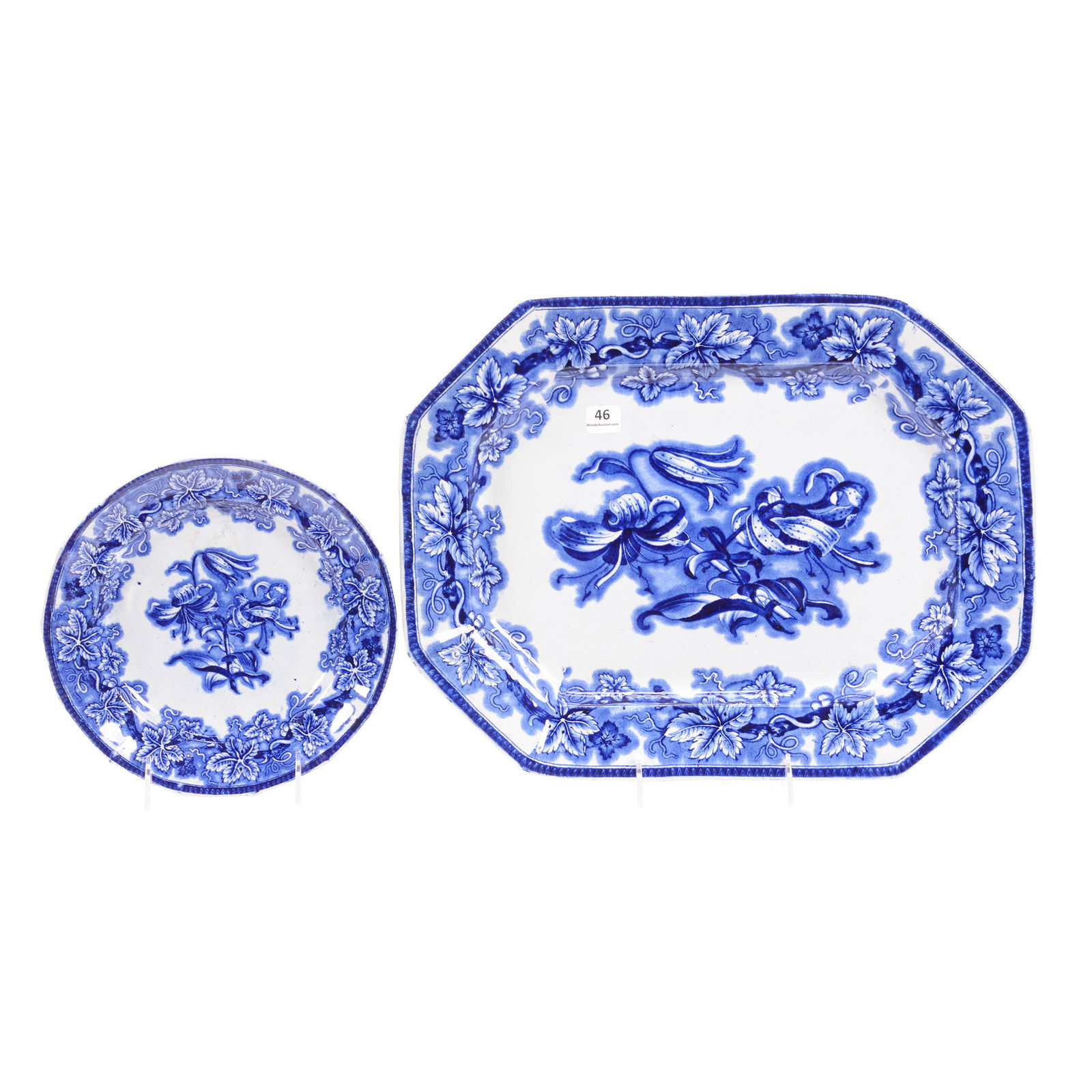 (2) Flow Blue Items, Lobelia by Phillips, Ca. 1850's: (2) Flow Blue Items, Lobelia by Phillips, Ca. 1850's, (1) 15.5" X 12" Platter, (1) 8.5" Plate, Hampton Collection, TX