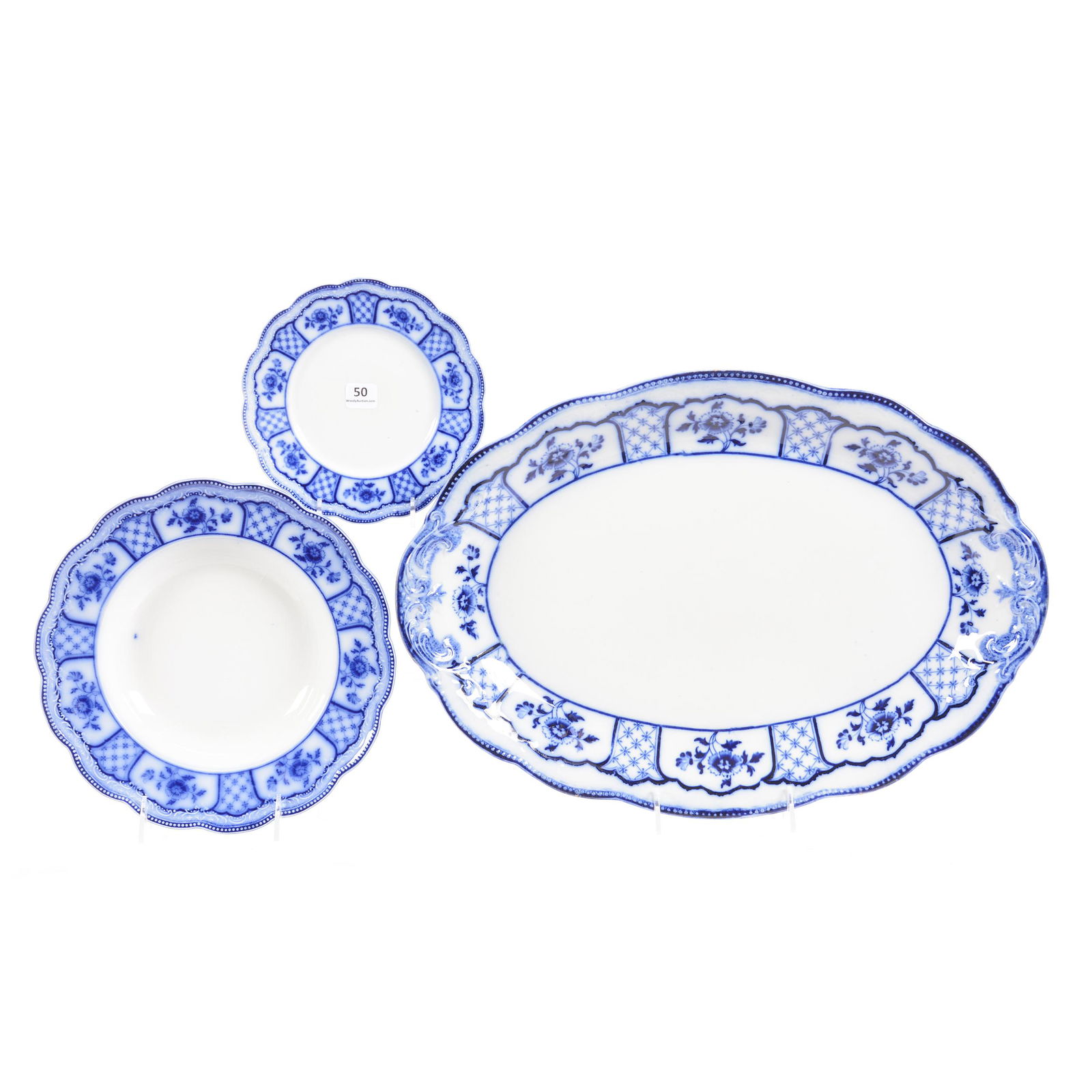 (3) Melbourne Pattern Flow Blue by Grindley: (3) Melbourne Pattern Flow Blue by Grindley, (1) 18" X 12.5" Tray/Platter, One Outside Rim Surface Chip, (1) 10" Soup Bowl, (1) 6.75" Dessert Plate, Hampton Collection, TX