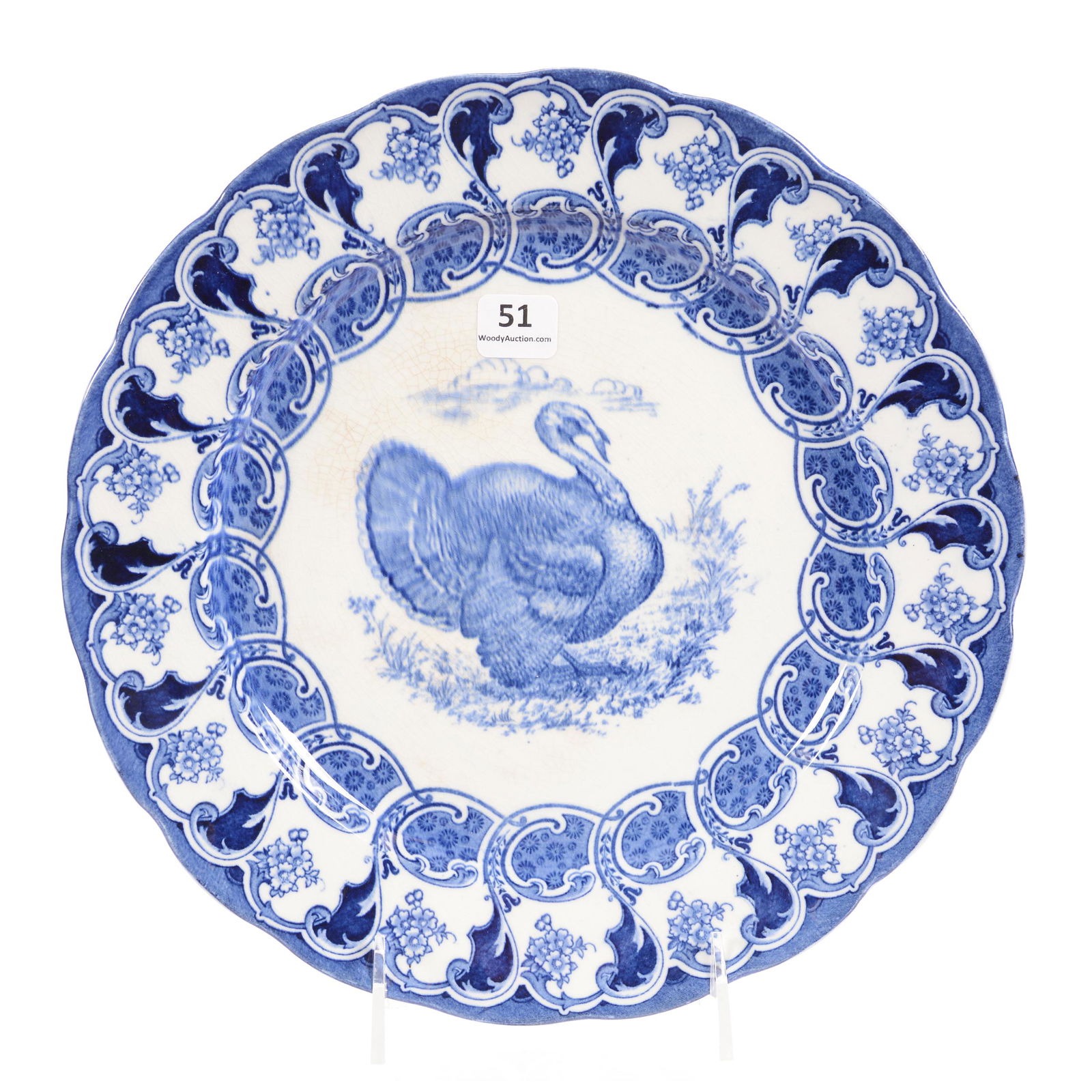 Flow Blue Plate, Florence by Bishop & Stonier: Flow Blue Plate, Florence by Bishop and Stonier, 10.25", Turkeys, Hampton Collection, TX