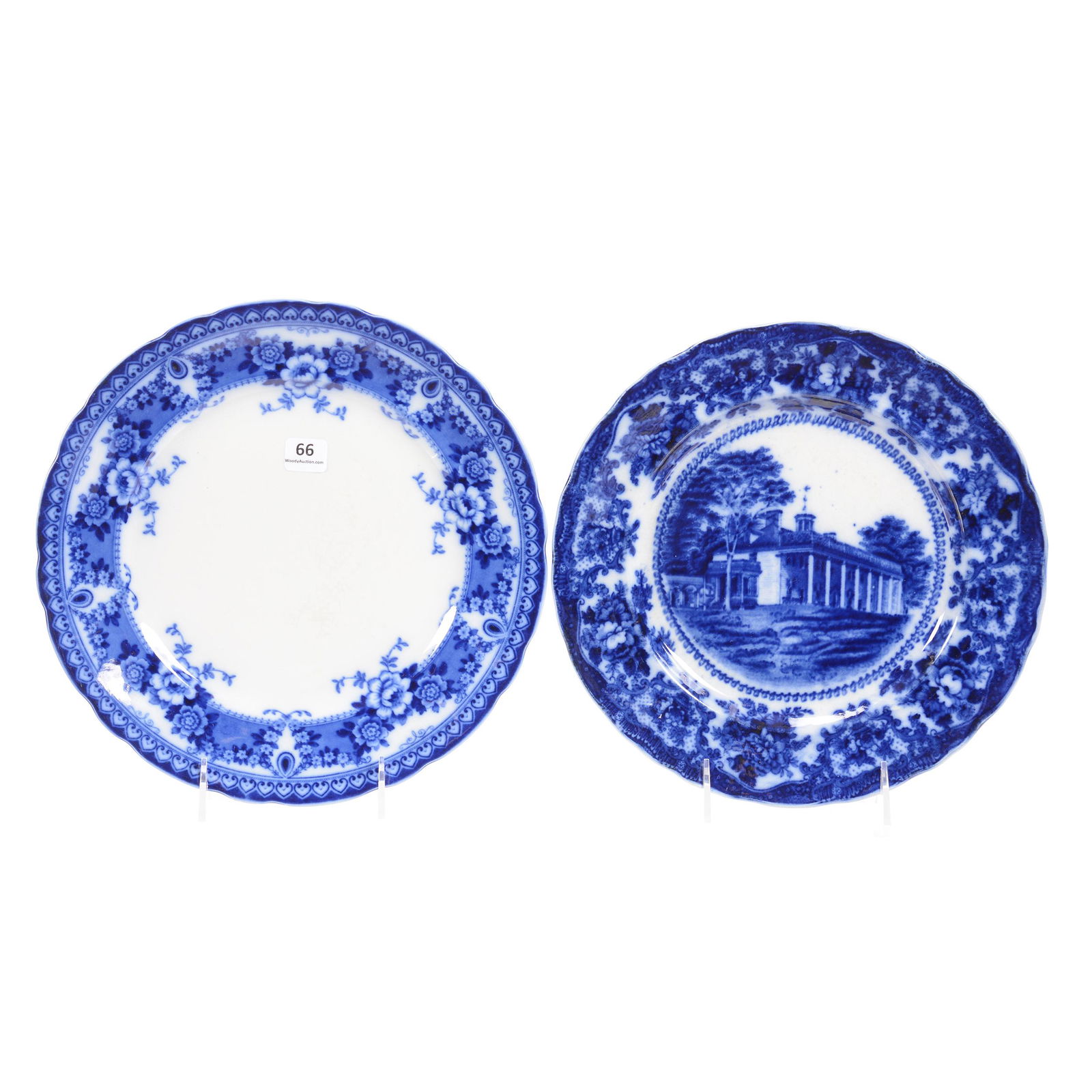 (2) Plates, Flow Blue: (2) Plates, Flow Blue, 10.25", (1) Adams and Company, Plantation Style Home with Floral Border, (1) Bristol Pattern by Ford and Sons, Hampton Collection, TX