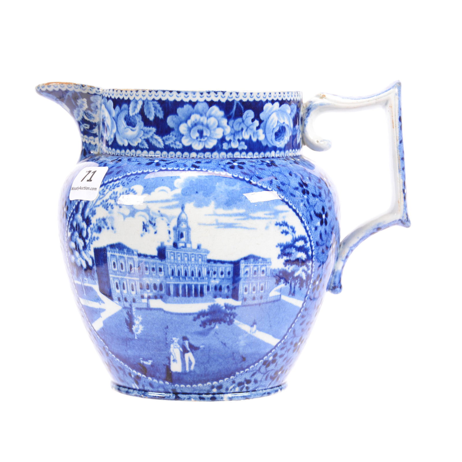 Pitcher, Flow Blue, Unmarked: Pitcher, Flow Blue, Unmarked, 5.25", Scenes of United States Capitol Building, Faint Crow's Foot on Base Which Does not Go Through to Interior, Hampton Collection, TX