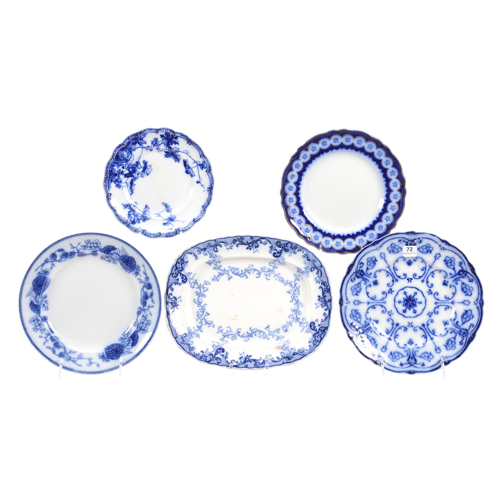 (5) Plates/Trays, Flow Blue: (5) Plates/Trays, Flow Blue, (1) 9" Conway Pattern by New Wharf, (1) 7" Lonsdale Pattern by Ridgeway, (1) 8" Marquis Pattern by Grindley, (1) 8.75" Begonia Pattern by Wedgwood, (1) 11.5" X 8.5" Tray,