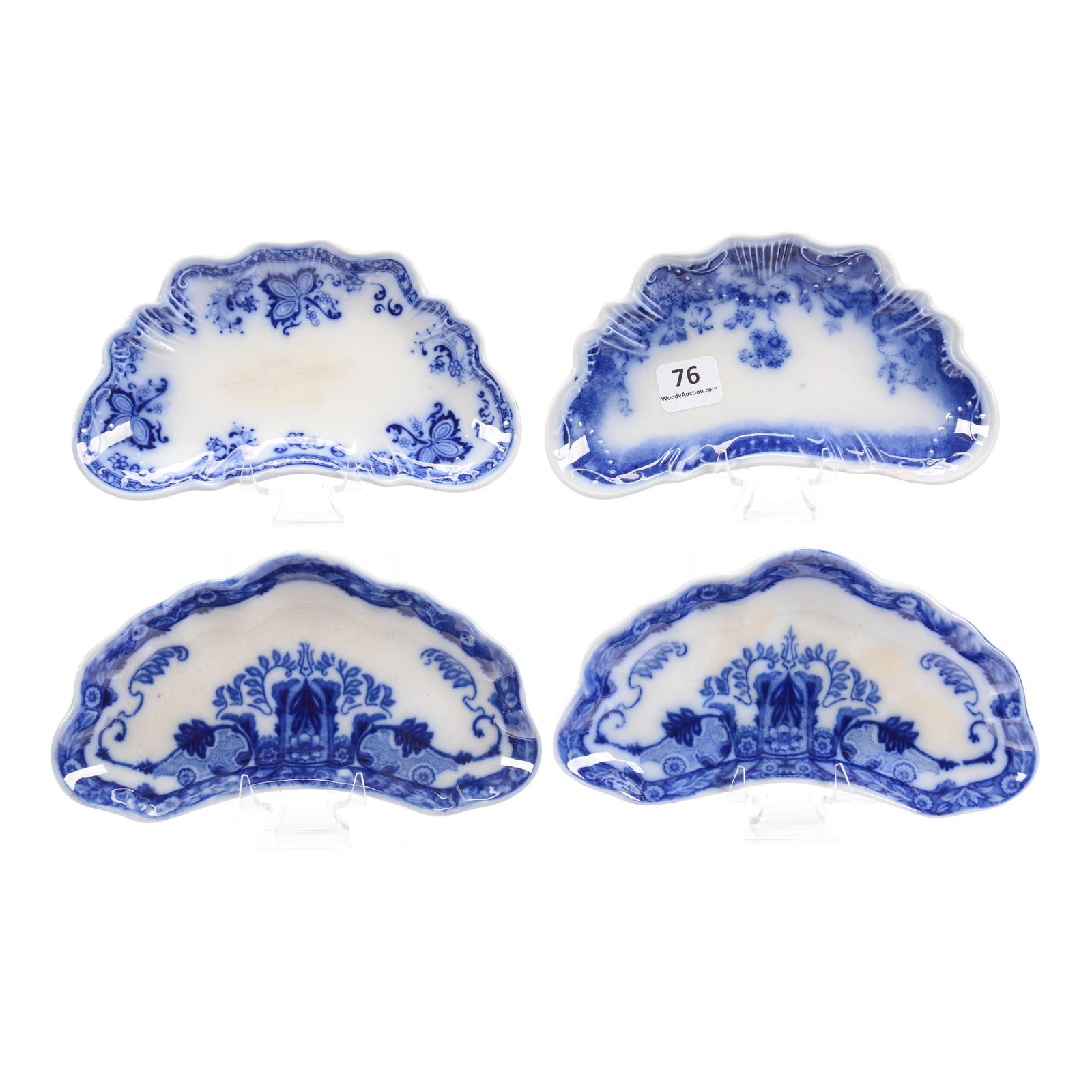 (4) Bone Dishes, Flow Blue, Assorted Patterns: (4) Bone Dishes, Flow Blue, Assorted Patterns, 6.25", (2) Raleigh Pattern by Burgess, (1) Princeton Pattern by Johnson Bros., (1) Clayton Pattern by Johnson Bros., Hampton Collection, TX