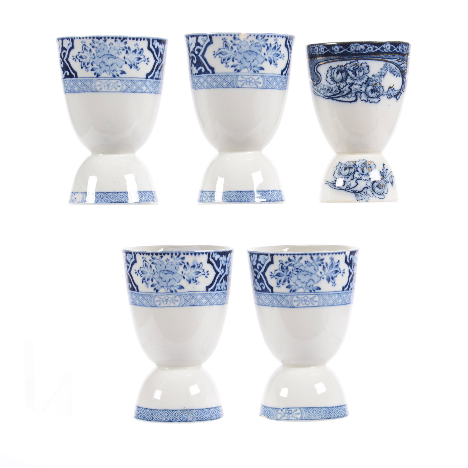 (5) Egg Cups, Flow Blue, Assorted: (5) Egg Cups, Flow Blue, Assorted, 4", (4) Matching with Floral Design, Two Have Rim Chips, (1) Slightly Smaller, Rose Decor with Gold Stencil Highlights, Hampton Collection, TX