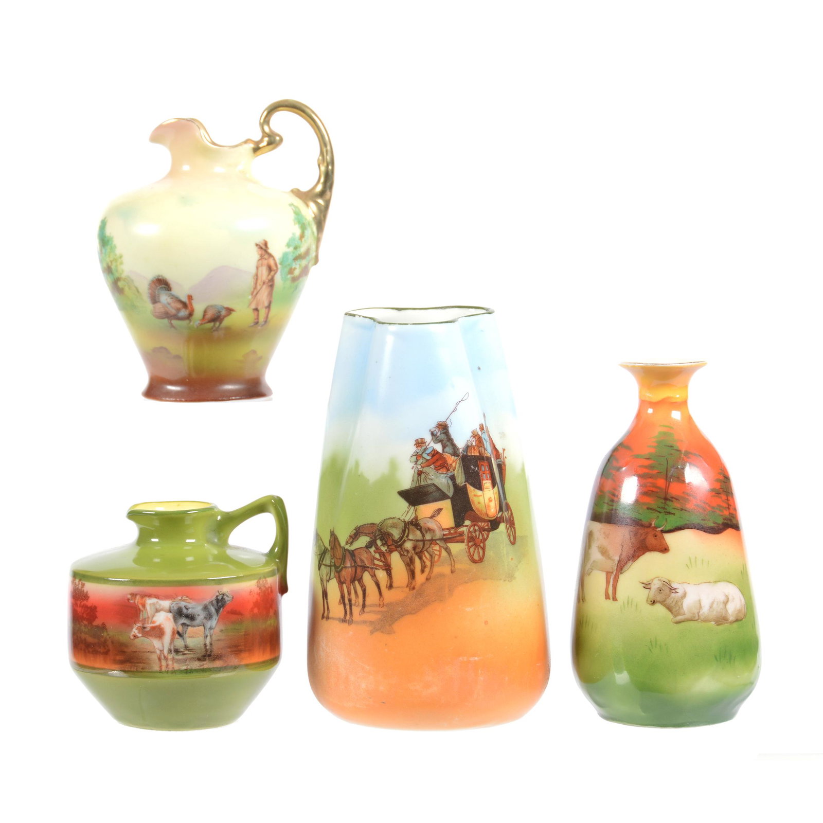 (4) Royal Bayreuth & Prov Saxe Items: (4) Royal Bayreuth and Prov Saxe Items, (1) 5.5" Vase, Royal Bayreuth Green Mark, Stagecoach Scenic Decor, (1) 4.75" Vase, Marked Prov Saxe, Cattle and Sunset Scenic Decor, (1) 4.25" Ewer, Unmarked Ro
